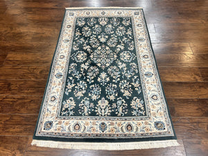 Green Indo Persian Rug 4x6, Floral Allover, Handmade Vintage Oriental Carpet, Sarouk Rug, Wool