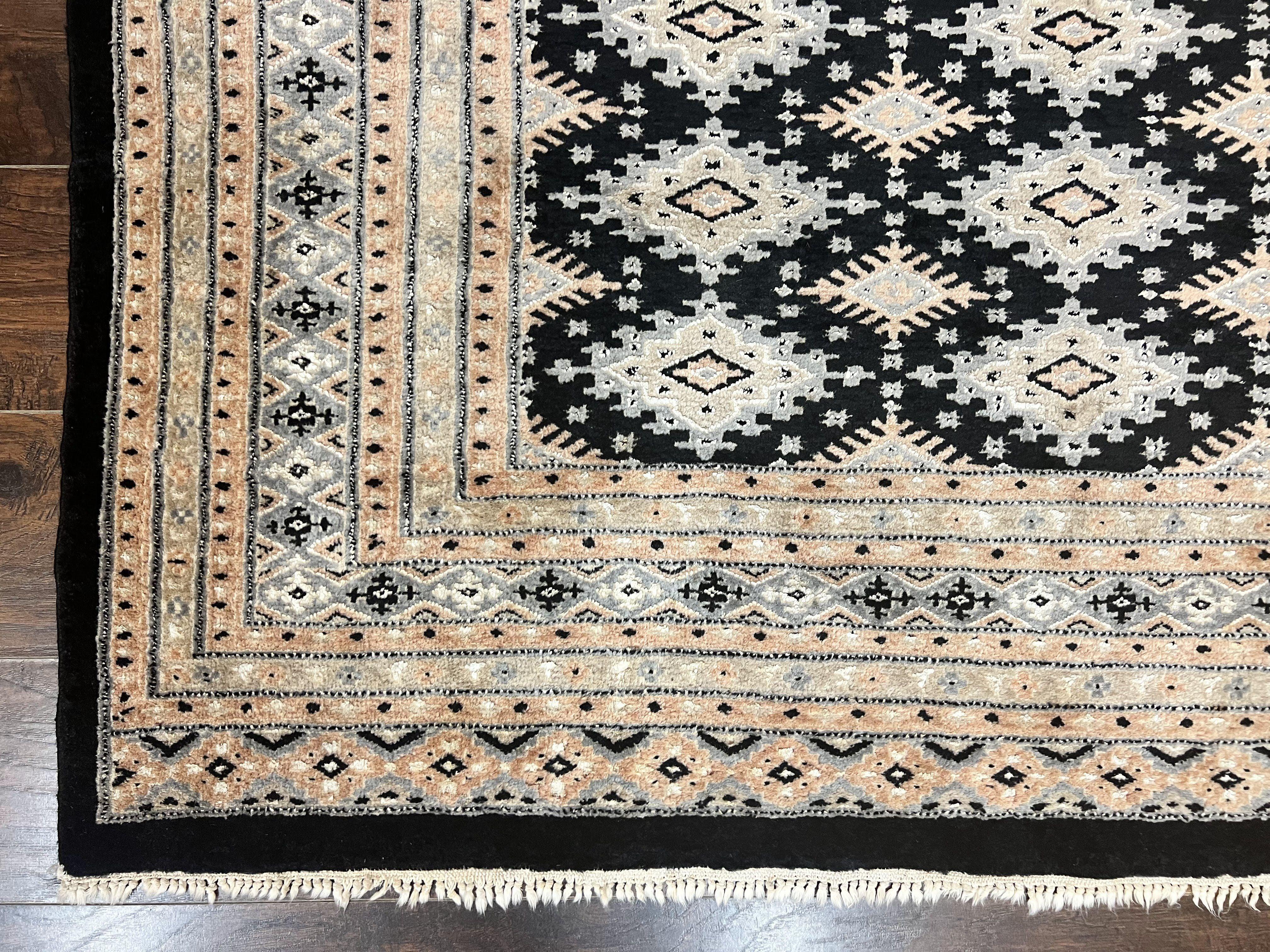 Pakistani Bokhara Rug 6x9, Hand Knotted Vintage Wool Carpet with Silk Highlights, Very Fine 320 KPSI, Medium Size - Jewel Rugs