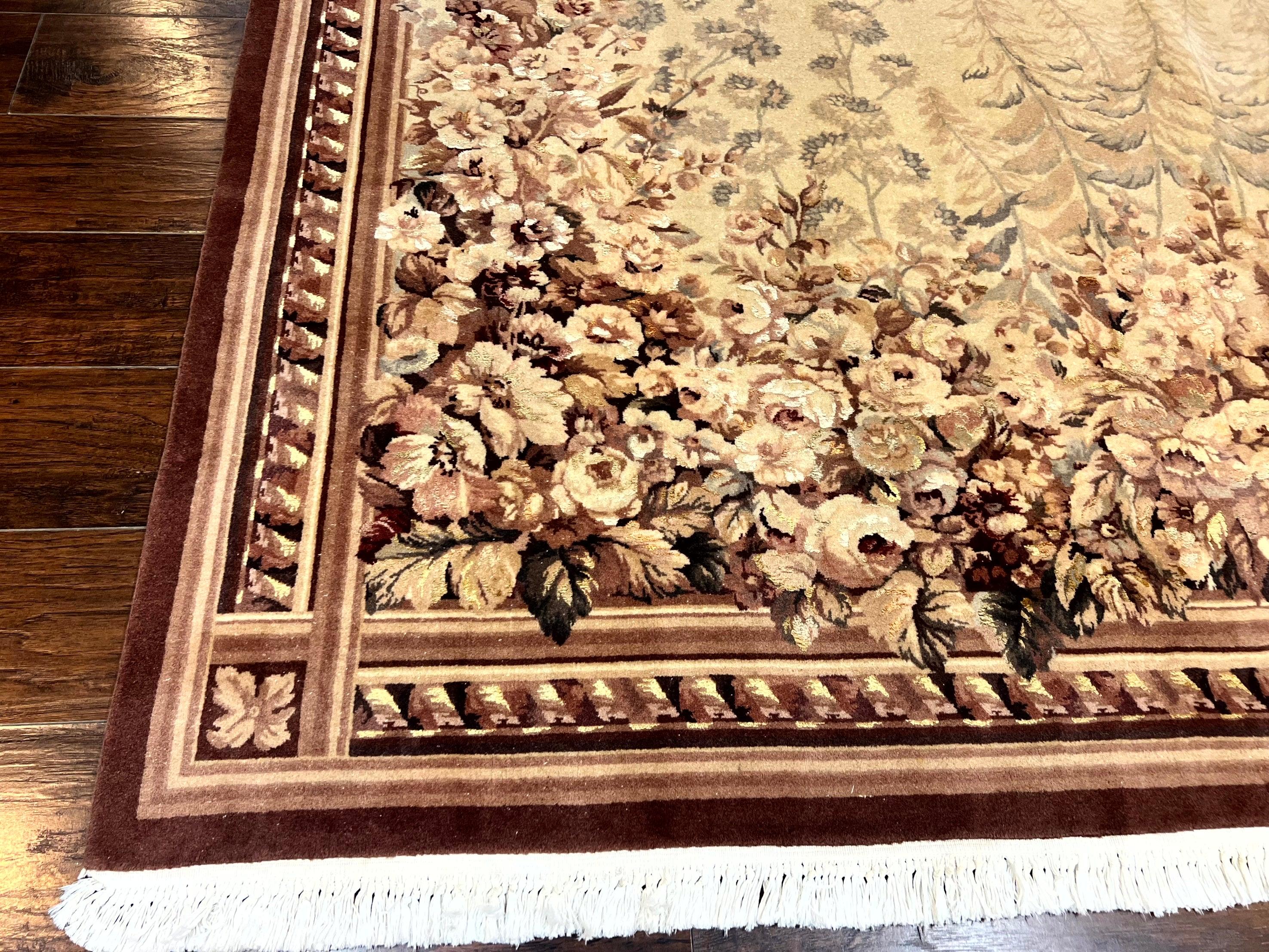 Aubusson Wool Rug 9x11, Wool with Silk Highlights, European Design, Vintage, Handmade, Floral, Fine 210 KPSI - Jewel Rugs
