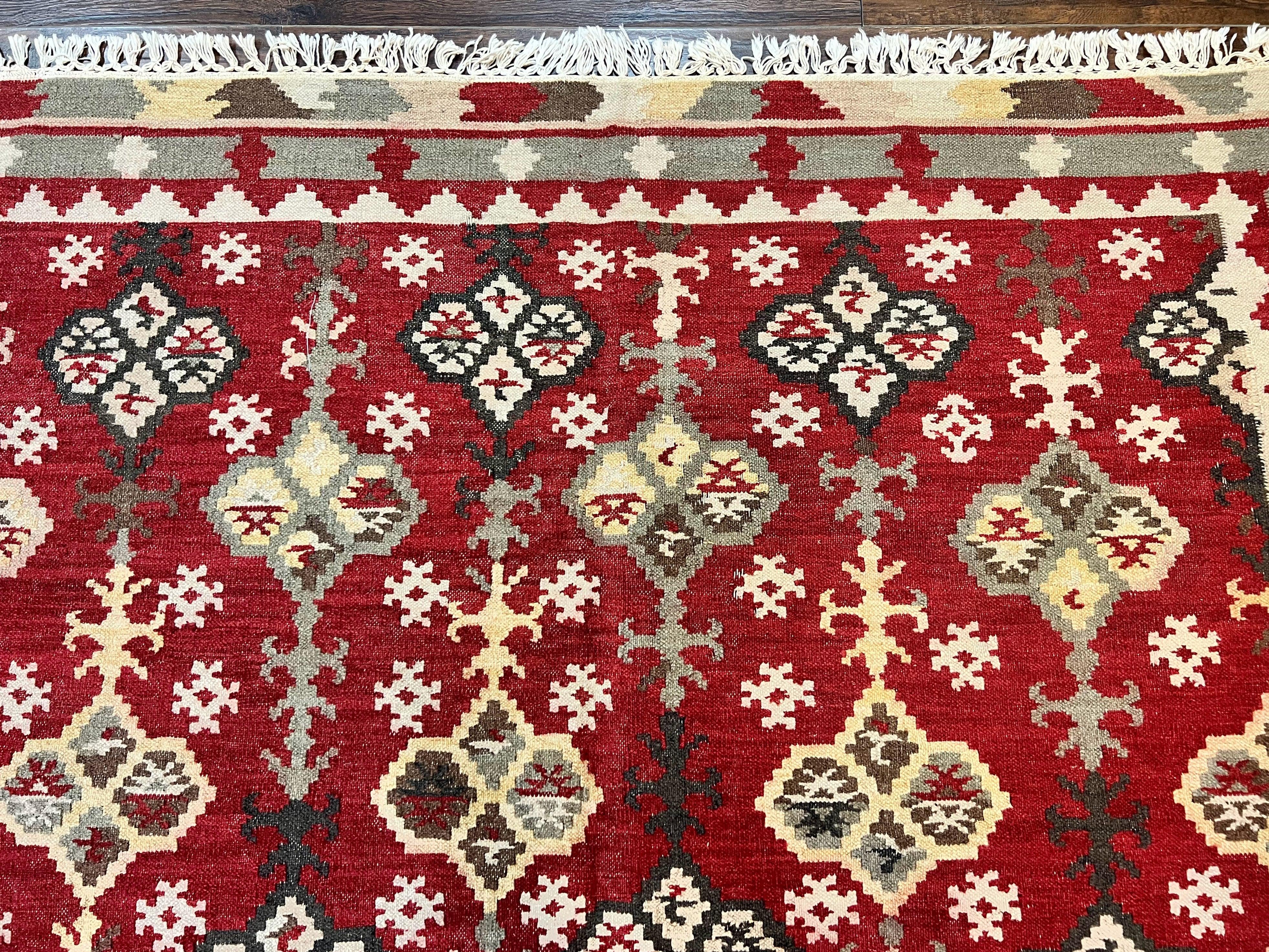 Indian Kilim Rug 6x6, Square Kilim Flatweave Carpet, Vintage Handmade Wool Rug, Red - Jewel Rugs