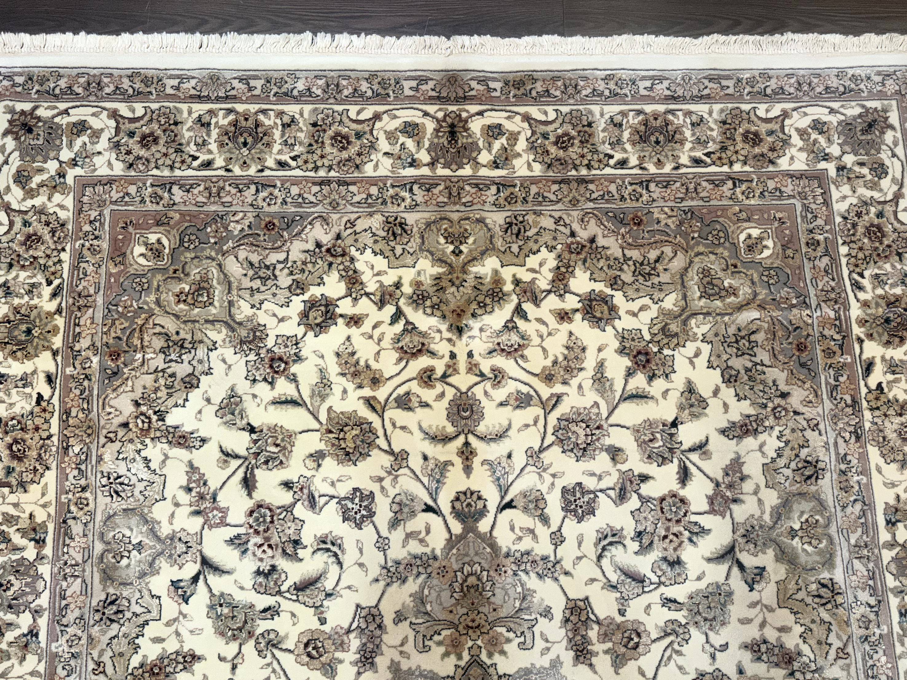Sino Persian Rug 6x9, Floral Medallion, Ivory & Taupe, Wool with Silk Highlights, Fine 210 KPSI - Jewel Rugs