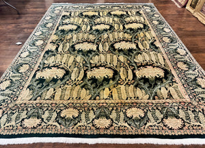 Pakistani Rug 8x10, Vintage Handmade Wool Carpet, Dark Green and Beige, William Morris Pattern