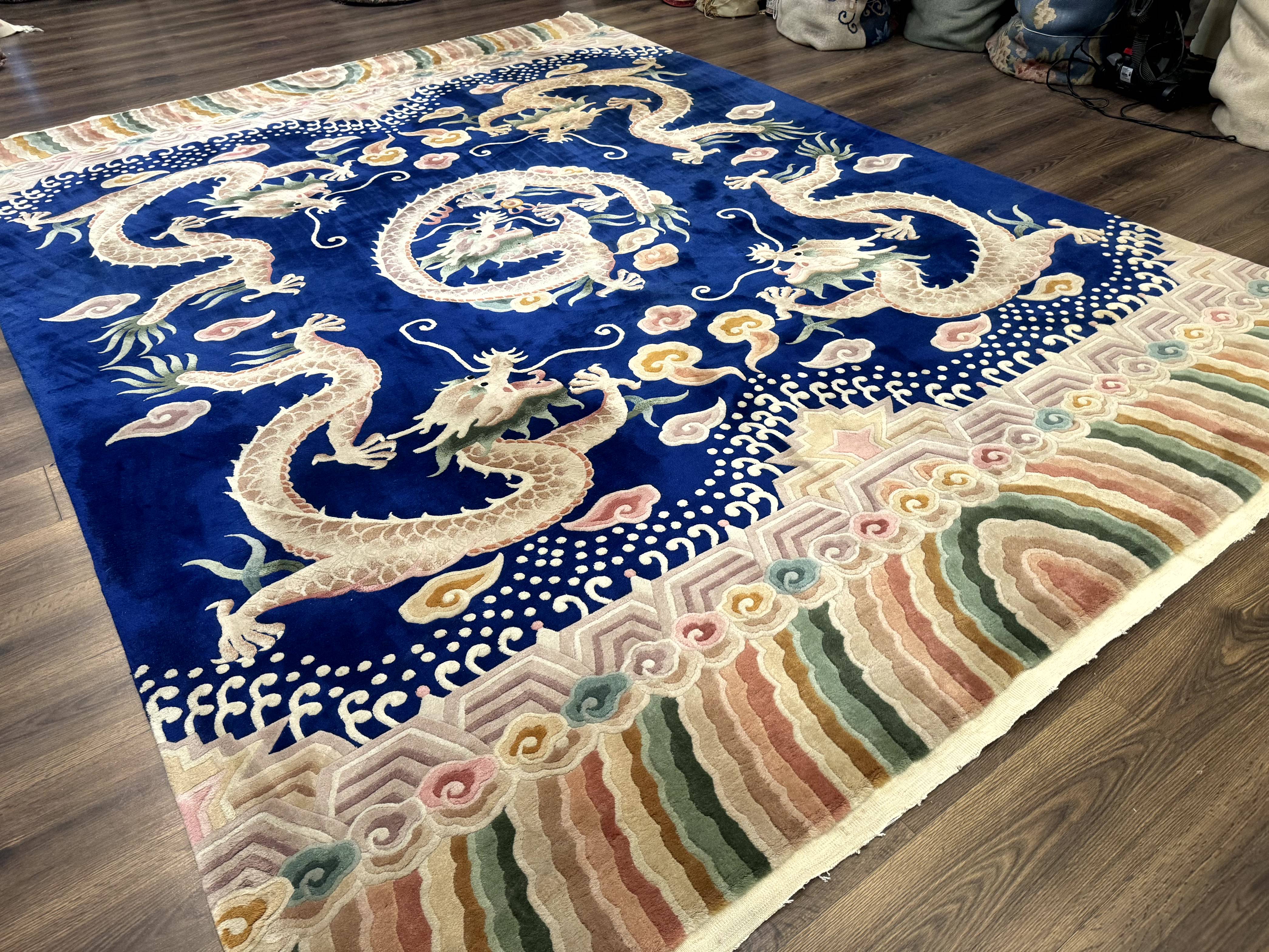 Blue Chinese Rug 9x12, Dragons, Rainbow Border, Art Deco Carpet, Peking Rug, Rare - Jewel Rugs
