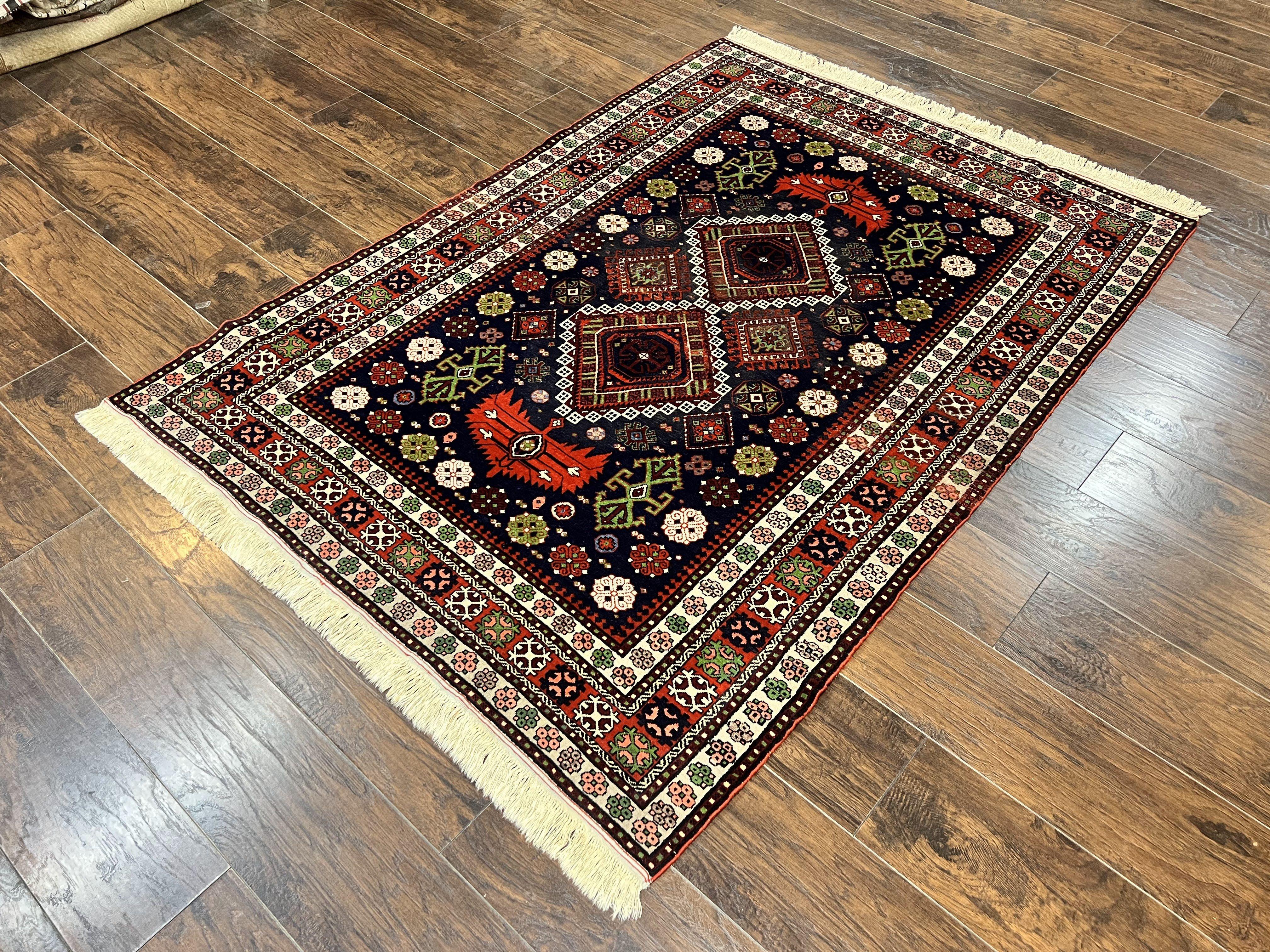 Persian Afshar Tribal Rug 5x6, Geometric Pattern, Navy Blue Multicolor Antique Vintage Persian Carpet, Hand Knotted Handmade Wool Rug - Jewel Rugs