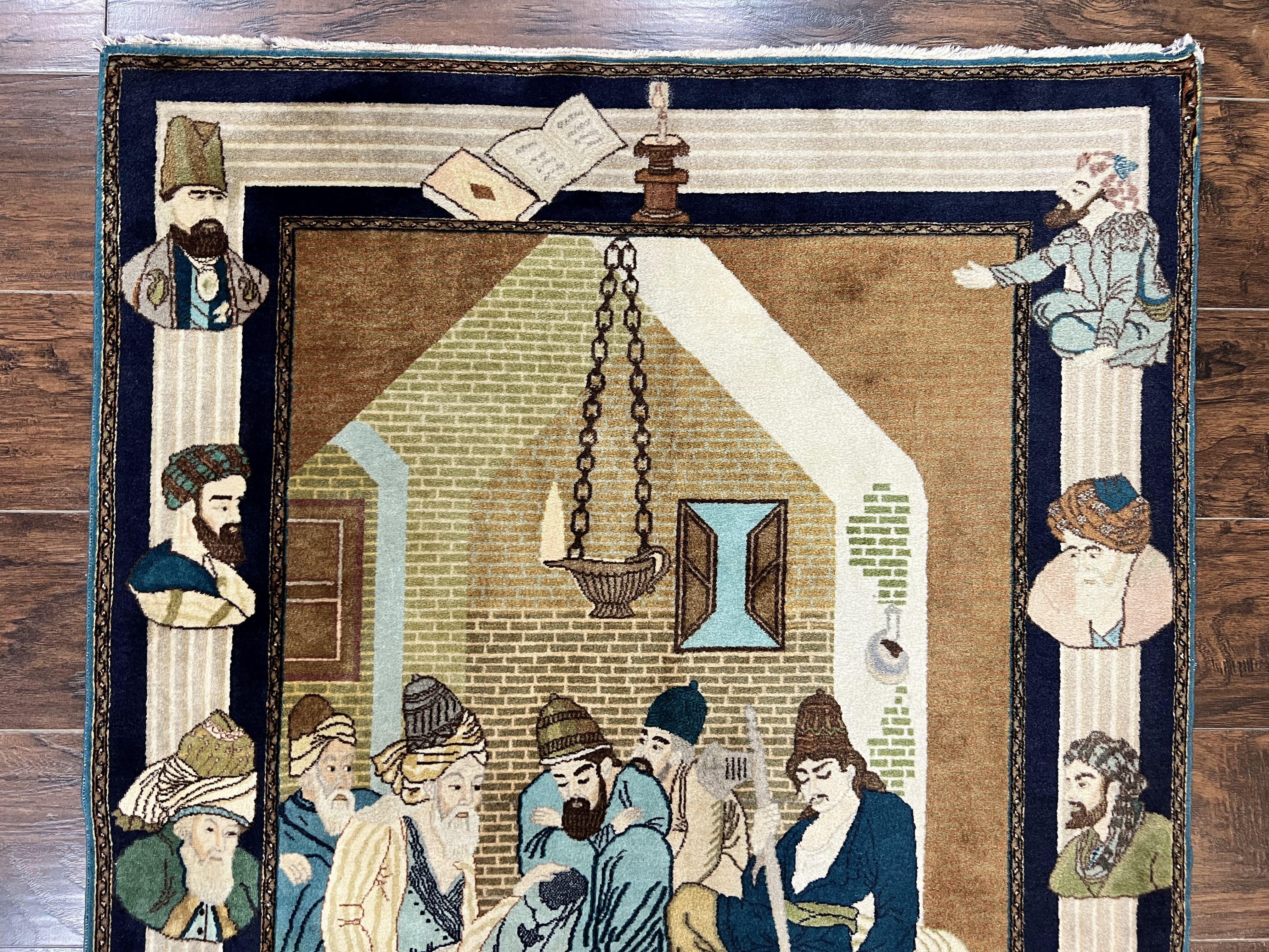 Persian Tabriz Pictorial Rug 3x5, Wall Hanging Carpet, Very Fine 60 Raj 475 KPSI, Hand Knotted Vintage Semi Antique, Wool, Persian Poetry - Jewel Rugs