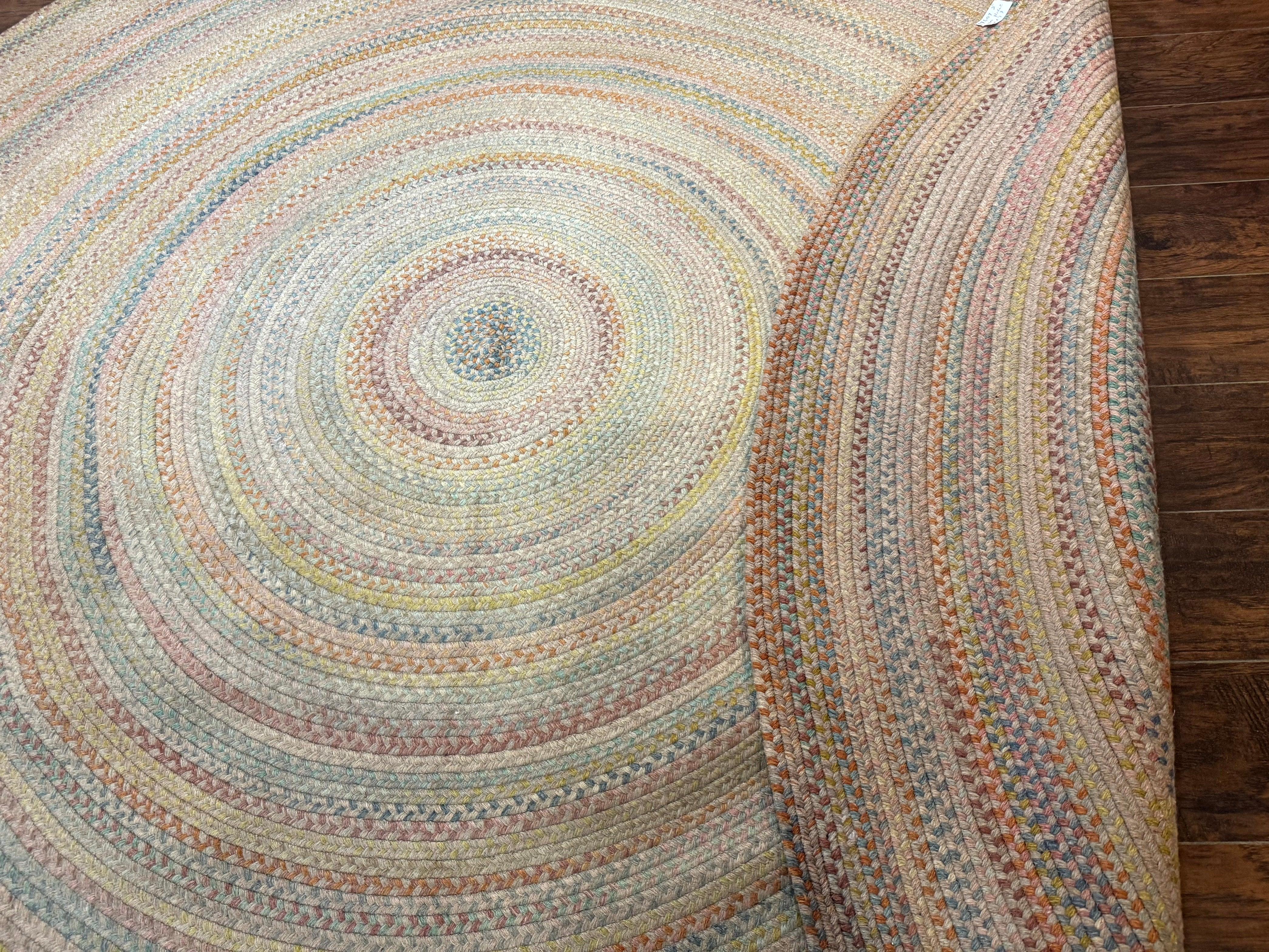 Large American Round Braided Rug 10x10, Multicolor, Vintage, Mid Century, Hand Braided - Jewel Rugs