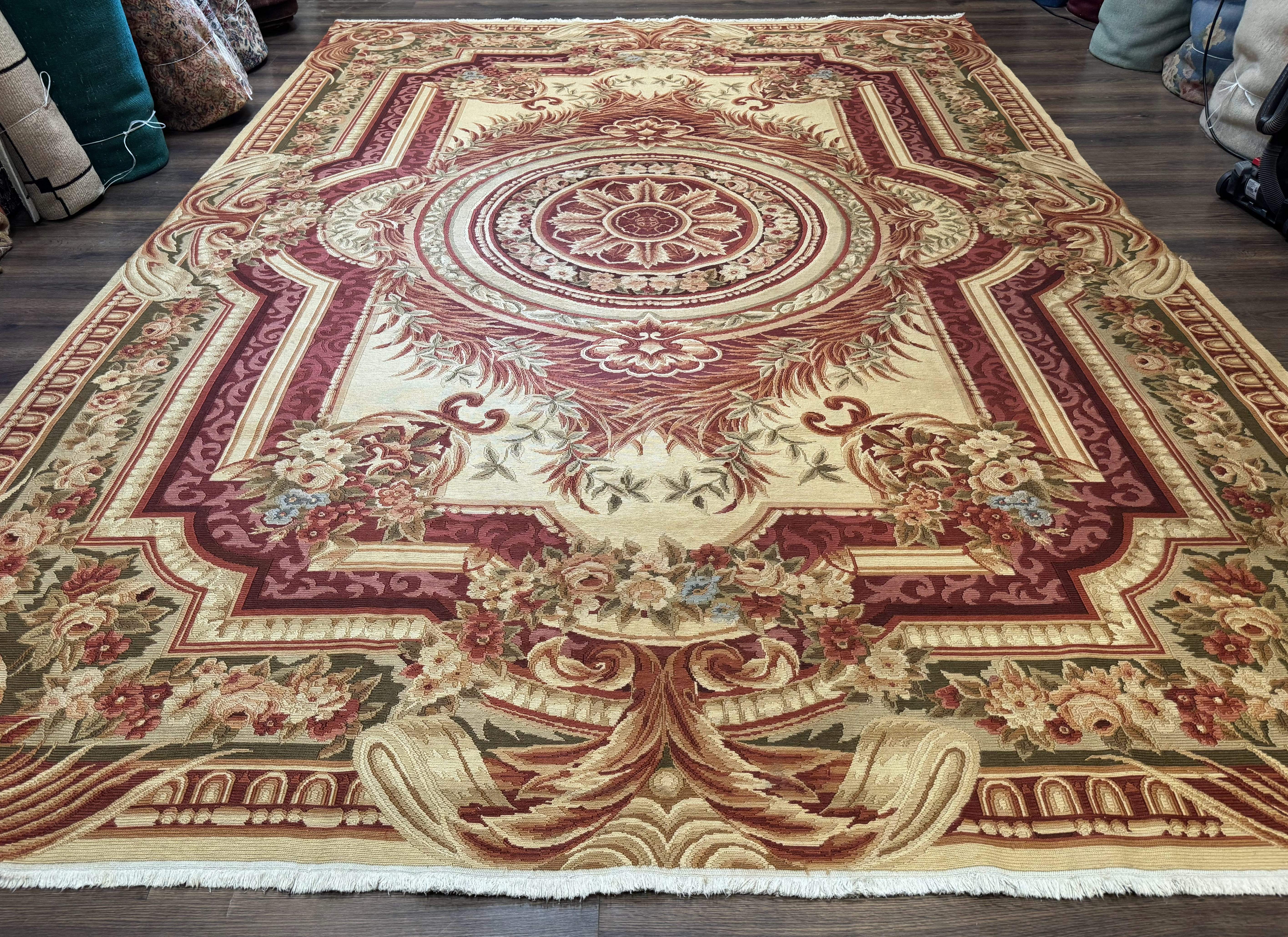 Large Aubusson Rug 10x13, Thick Flatweave Carpet, Elegant European Design, Cream and Raspberry - Jewel Rugs