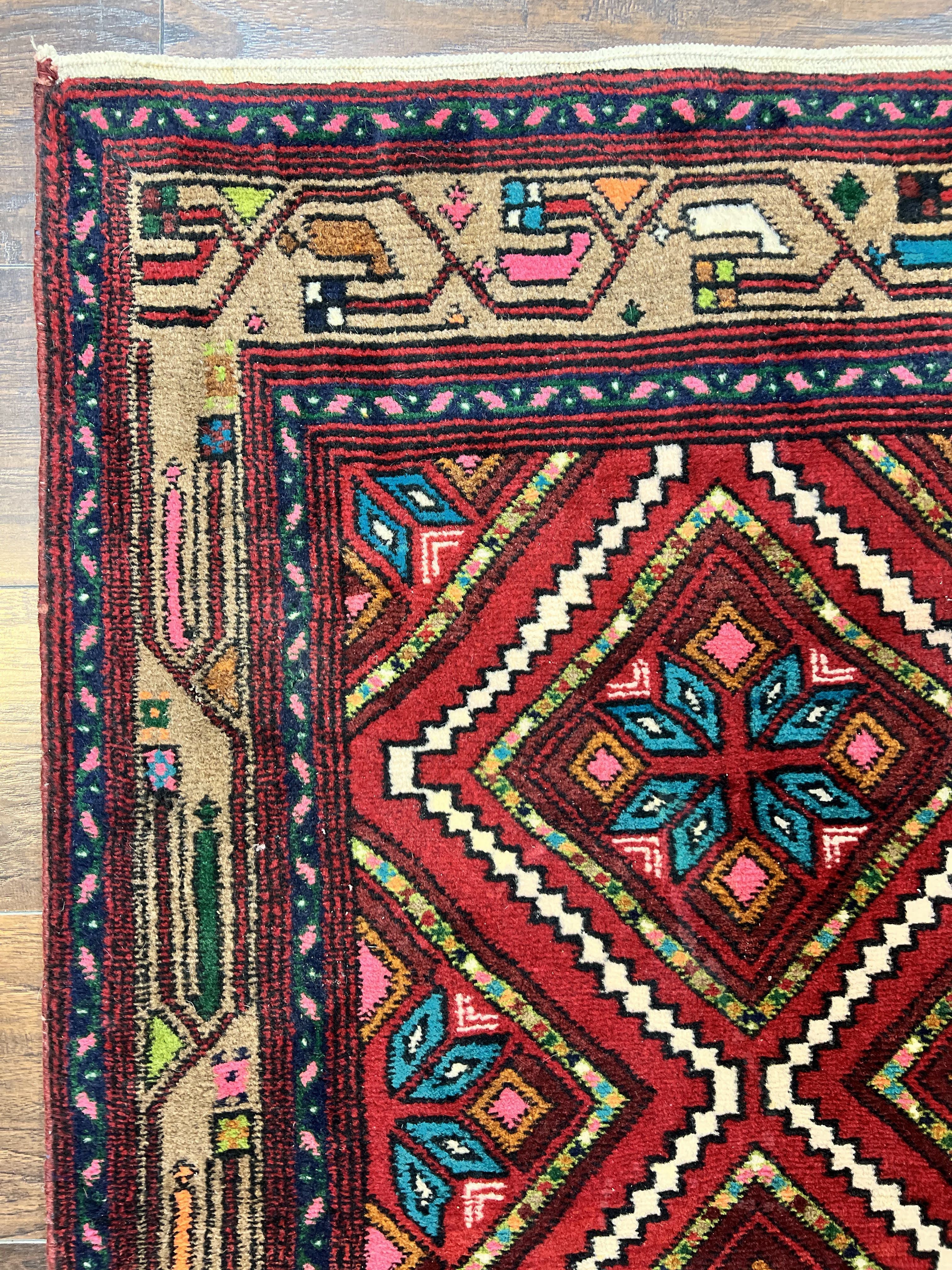 Persian Tribal Runner Rug 3x10, Red Camel Hair Navy Blue, Handmade Hand Knotted 10ft Wool Oriental Vintage Runner for Kitchen or Hallway, Persian Lilihan Hamadan Runner - Jewel Rugs