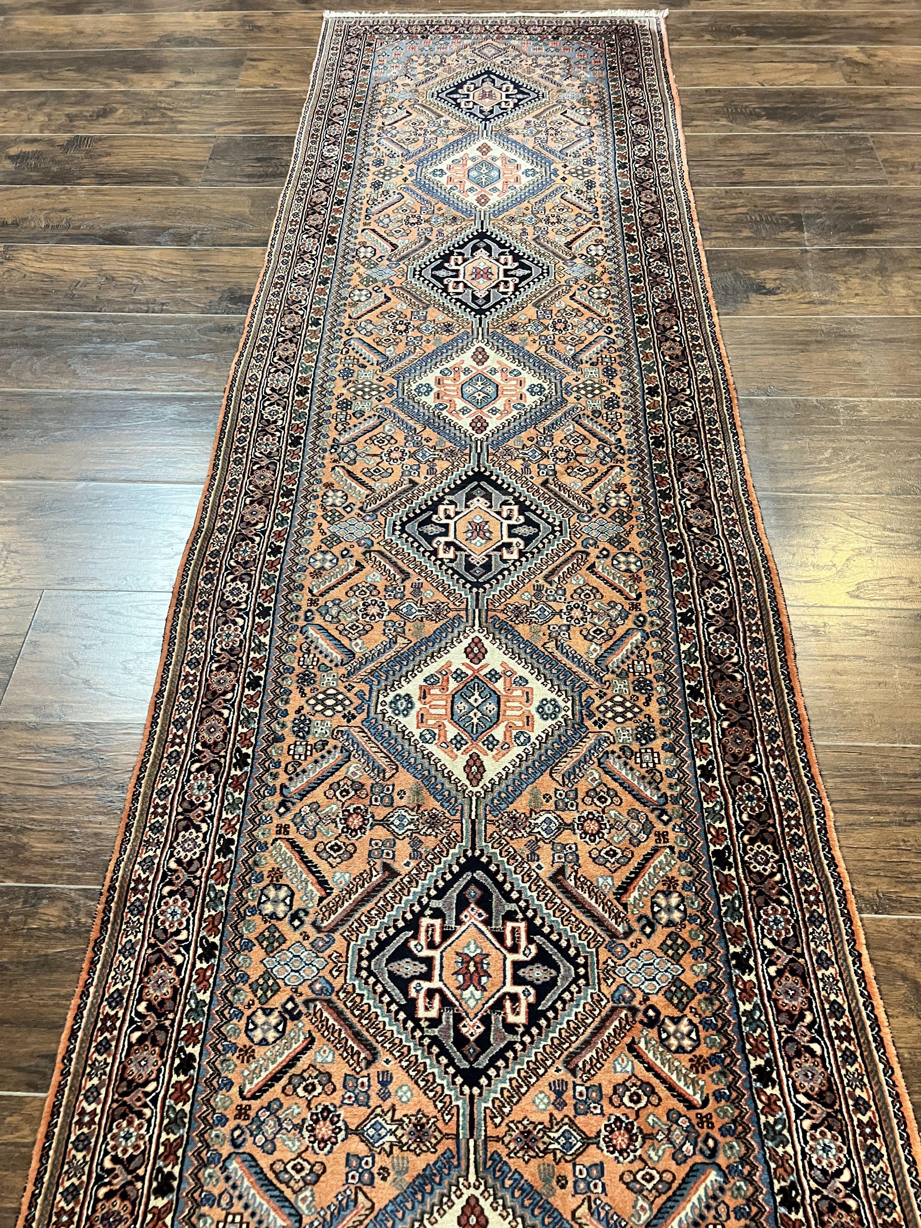 Persian Qashqai Runner Rug 2.6 x 10, Wool Hand Knotted Vintage Tribal Oriental Carpet, Salmon, Geometric Medallions Rug, Hallway Rug - Jewel Rugs