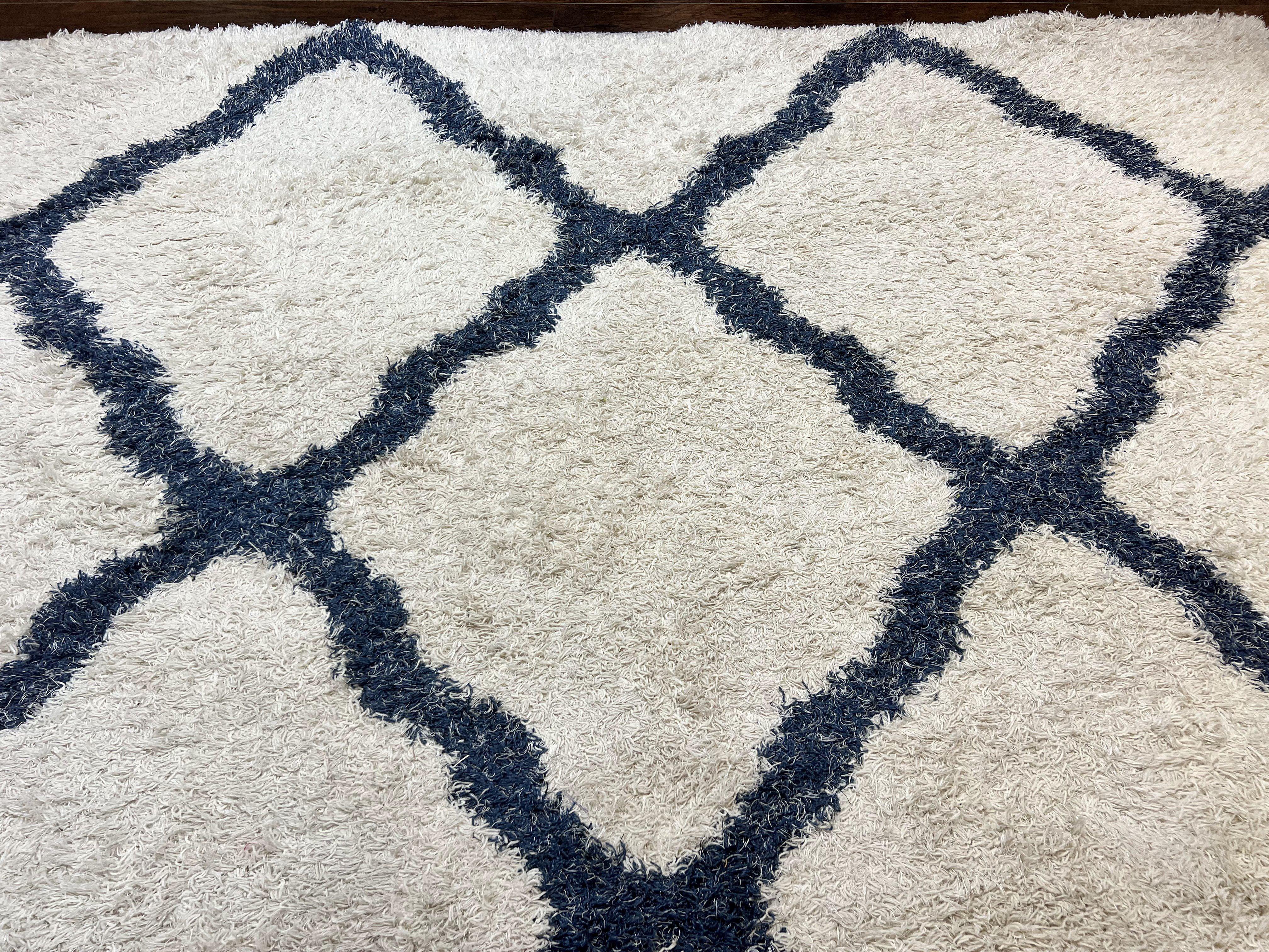 Modern Shag Rug 9x12, Ivory and Dark Blue, Diamond Pattern, Soft, Room Sized, Contemporary Rug, Plush - Jewel Rugs