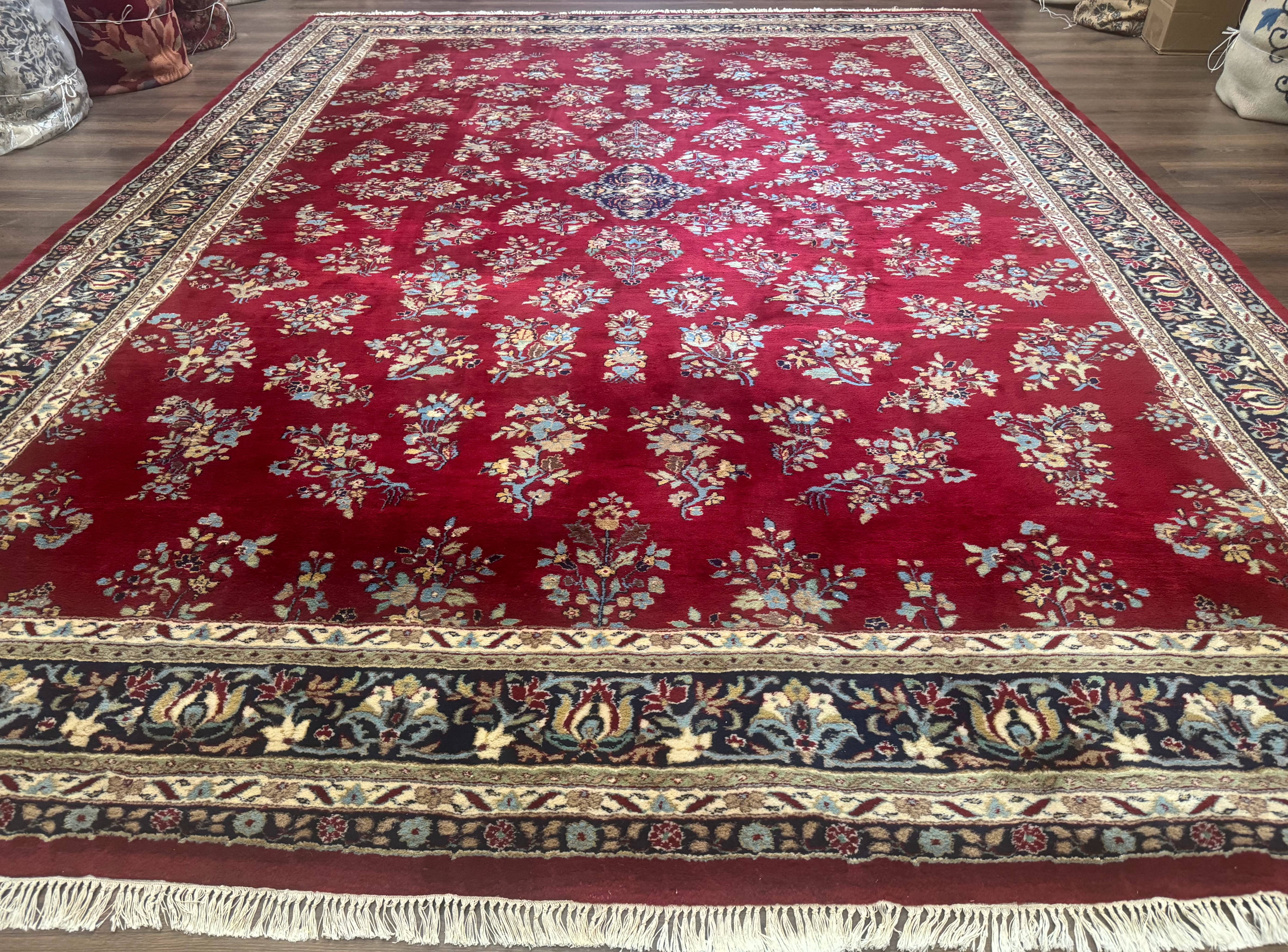 Indo Persian Sarouk Rug 10x14, Large Red and Navy Blue Carpet, Traditional Floral Wool Rug - Jewel Rugs