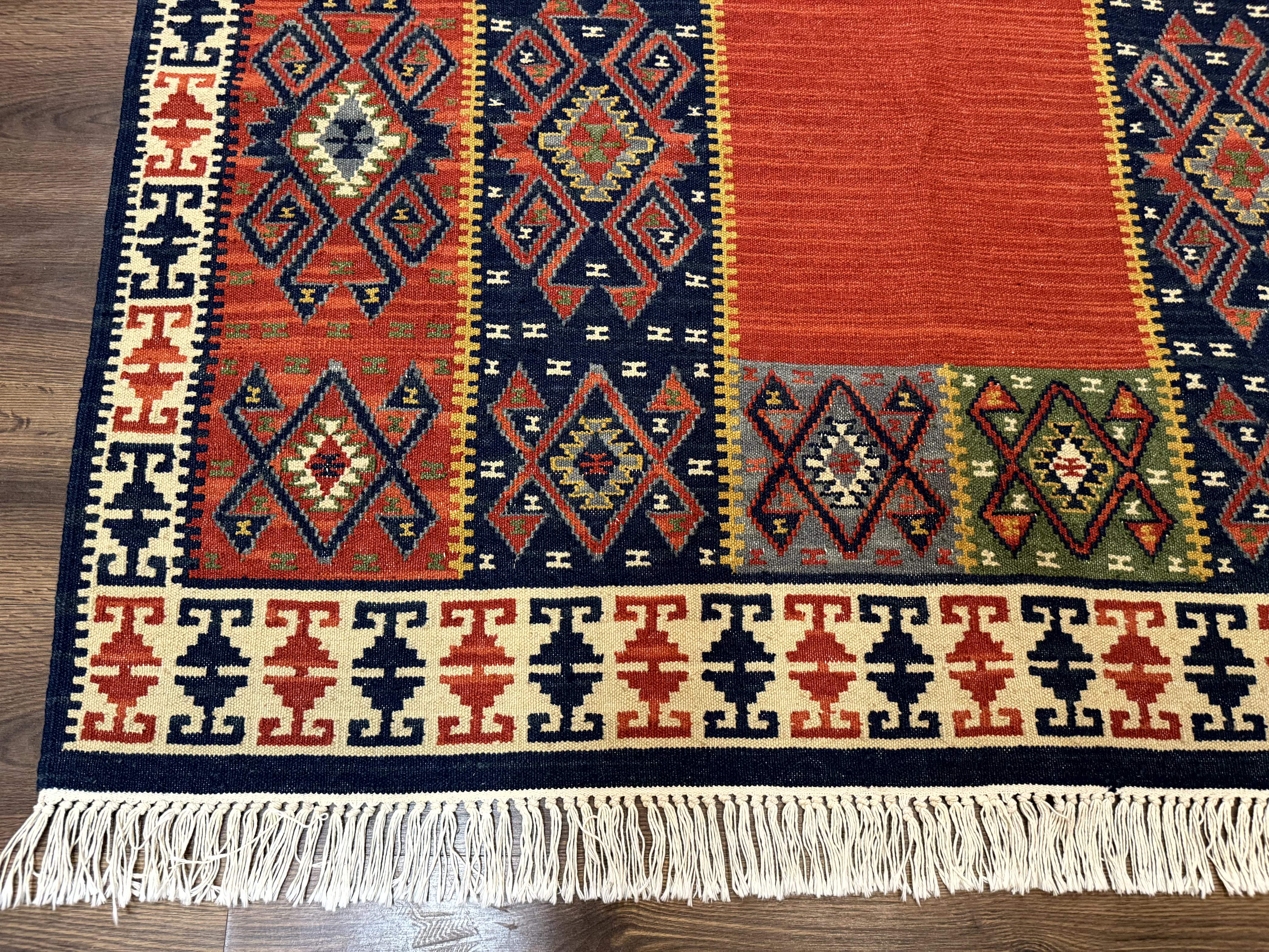 Turkish Kilim Rug 5x8, Flatweave Carpet, Handmade Bohemian Rug, Terracotta and Navy Blue - Jewel Rugs