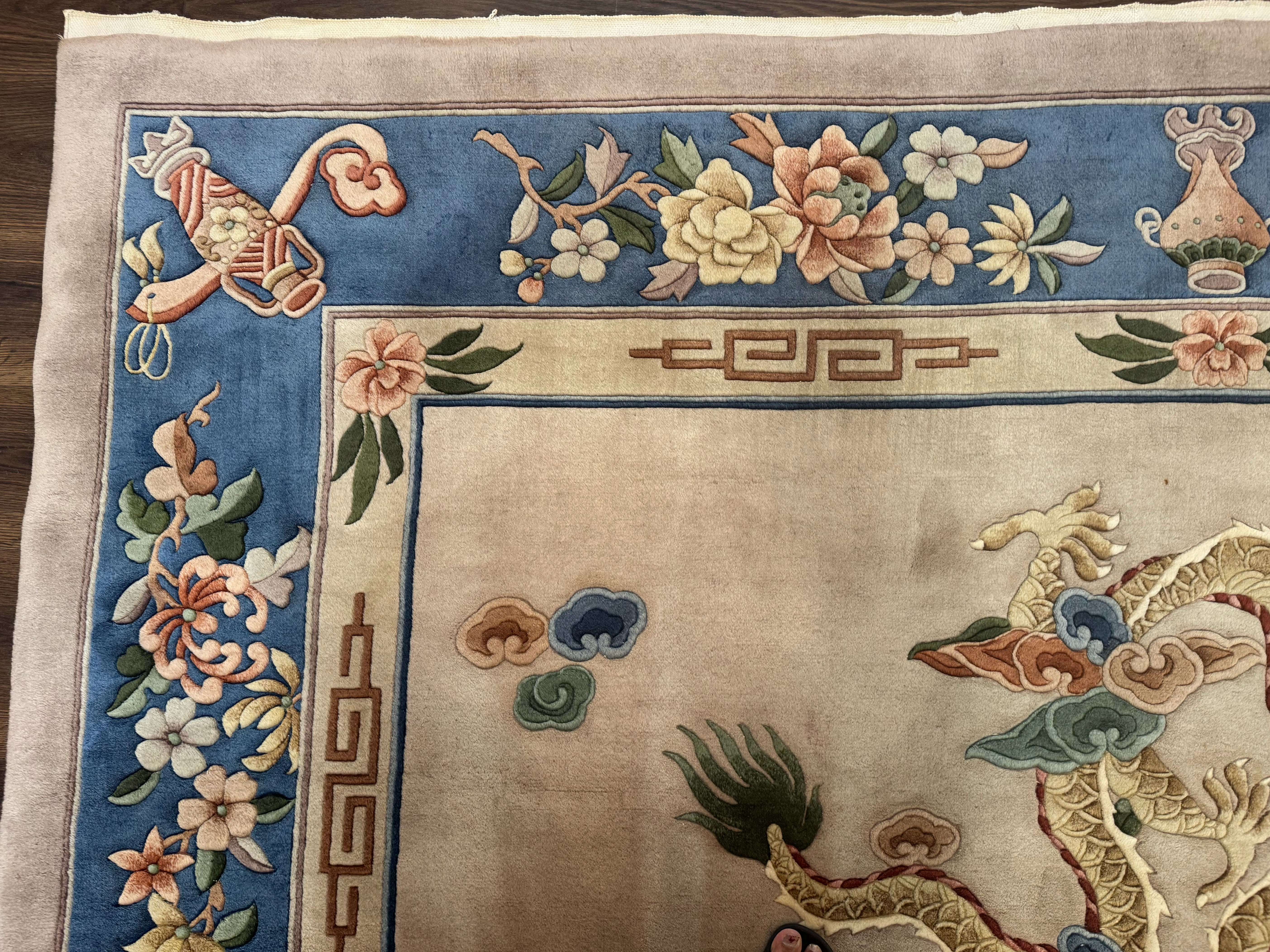 Chinese Wool Rug 9x12 with Dragons, Vintage Chinese 90 Line Carpet - Jewel Rugs