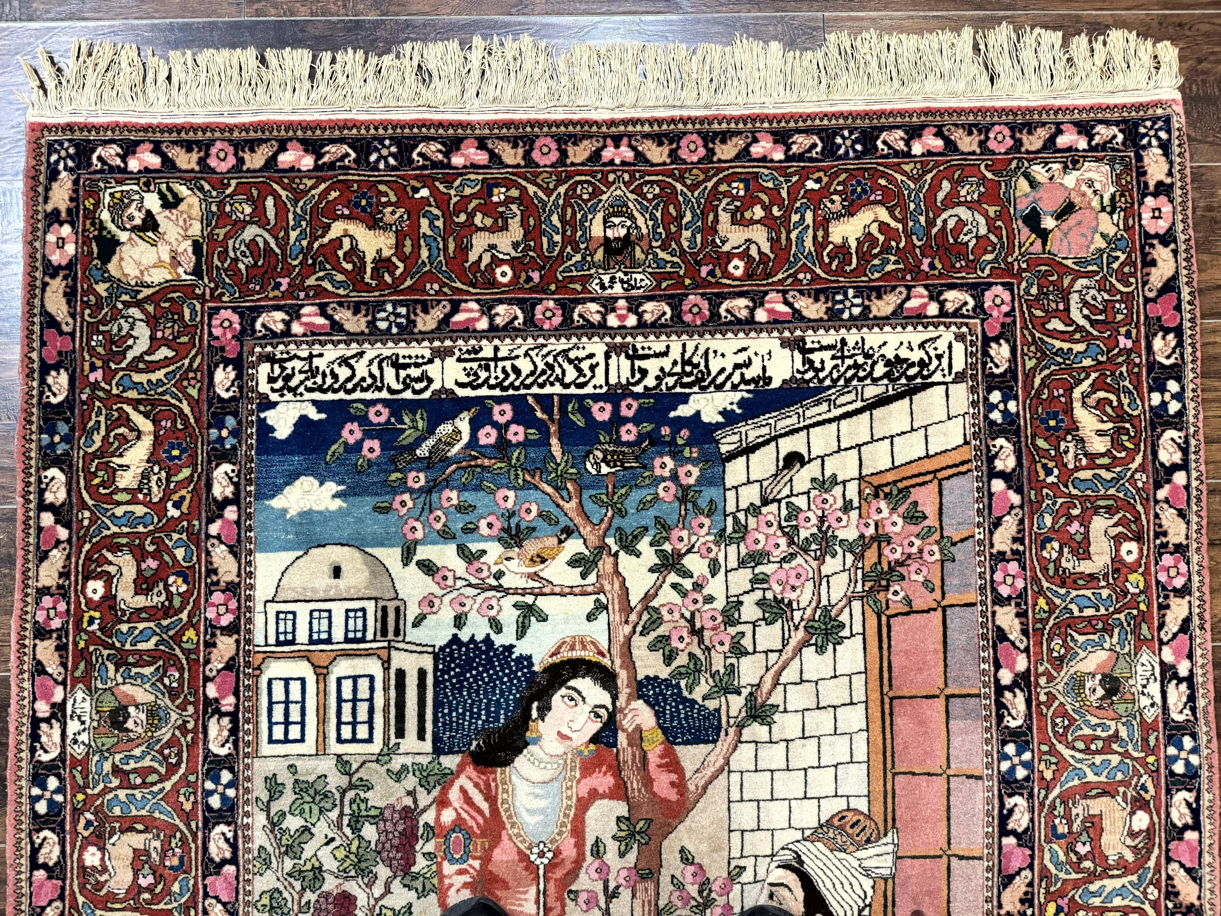 Wonderful Persian Kashan Pictorial Rug 4.7 x 6.5, Persian Rug for Wall Hanging, Handmade Antique Wool Carpet Animal Motifs Poetry Lovers, 240 KPSI - Jewel Rugs