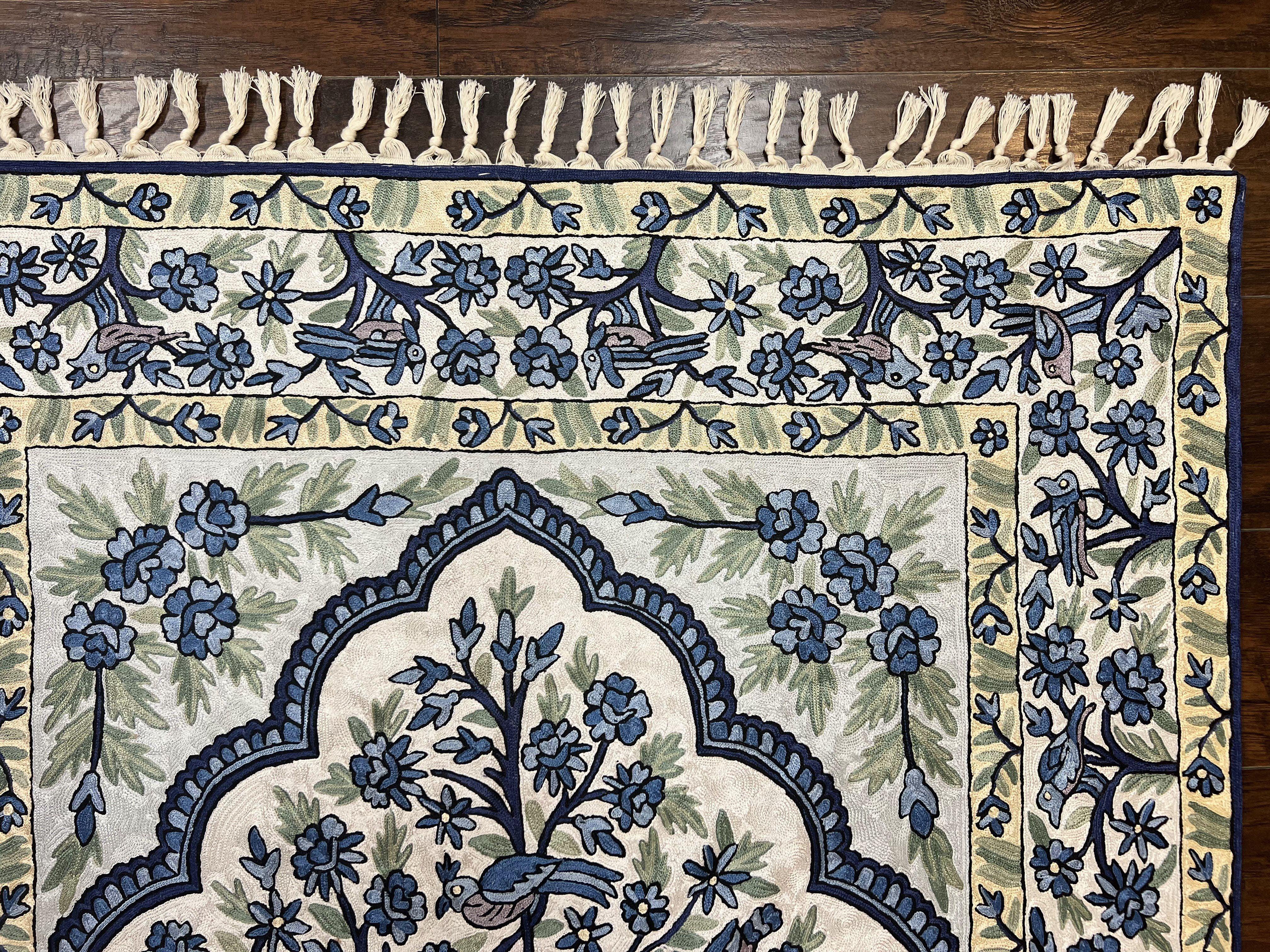 Tree of Life Indian Hand Stitched Rug 4x6, Indian Wall Hanging Rug, Ivory Blue, Silk on Cotton, Vintage - Jewel Rugs