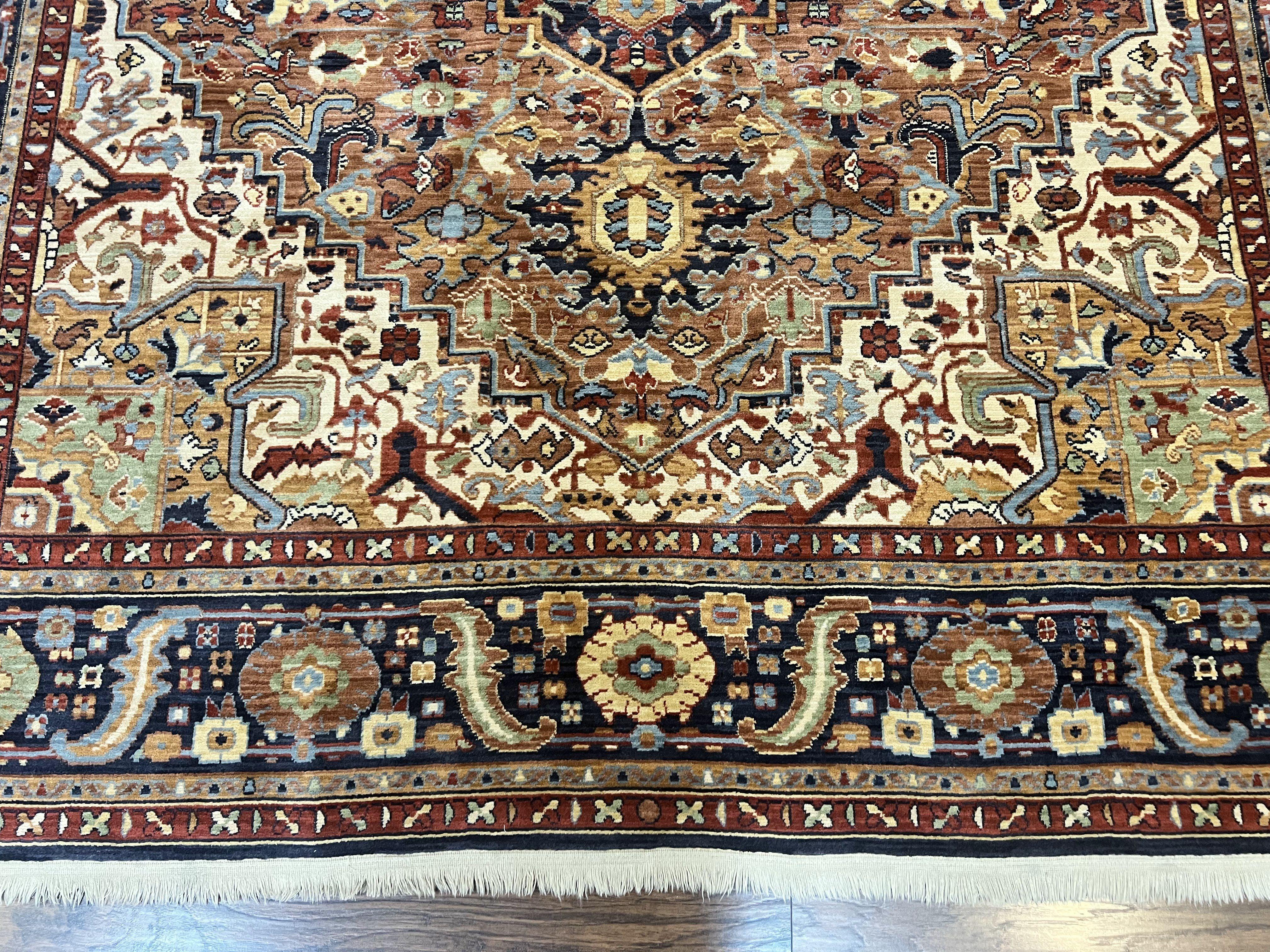 Karastan Rug 8 x 10.5, English Manor Windsor Heriz Karastan Carpet 8x10, Geometric Design, Wool Vintage Area Rug 8 x 10 ft, Red Navy - Jewel Rugs