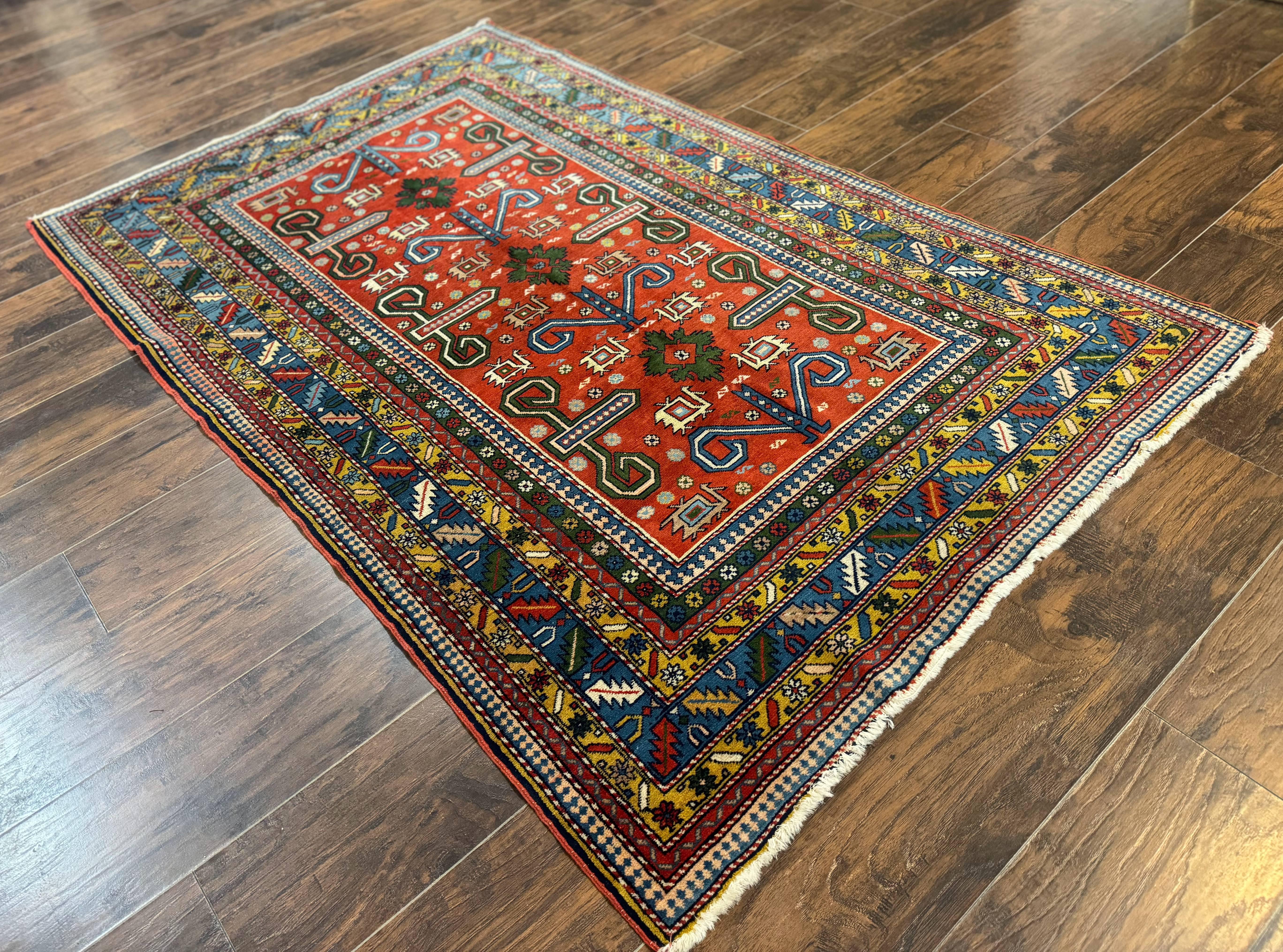 Colorful Persian Ardabil Rug 4x7, Red Blue Gold, Geometric Caucasian Design, Vintage - Jewel Rugs