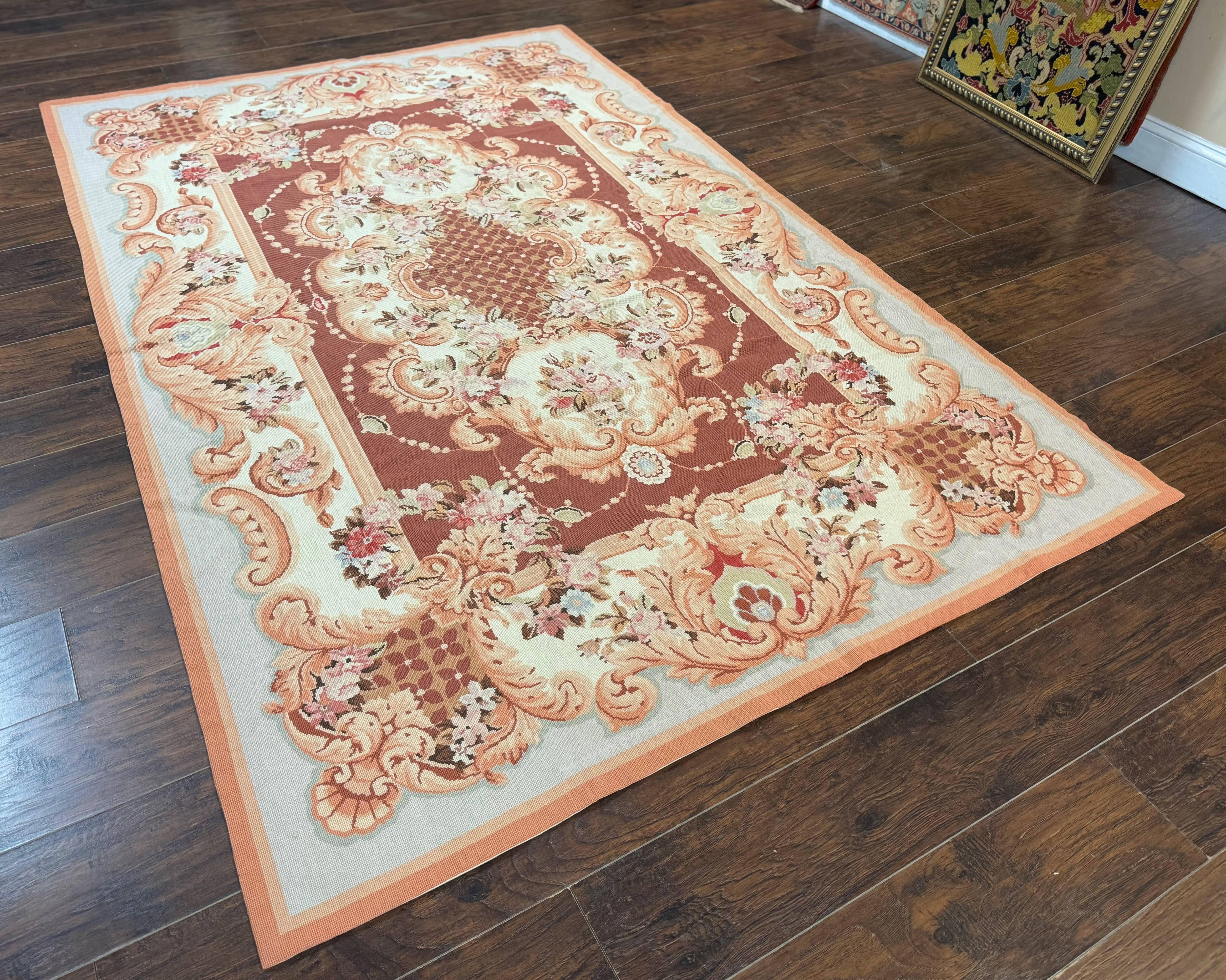 Vintage Needlepoint Rug 6x9, Aubusson Rug, Flatweave Wool Elegant Carpet, Medium Size, French European Design - Jewel Rugs