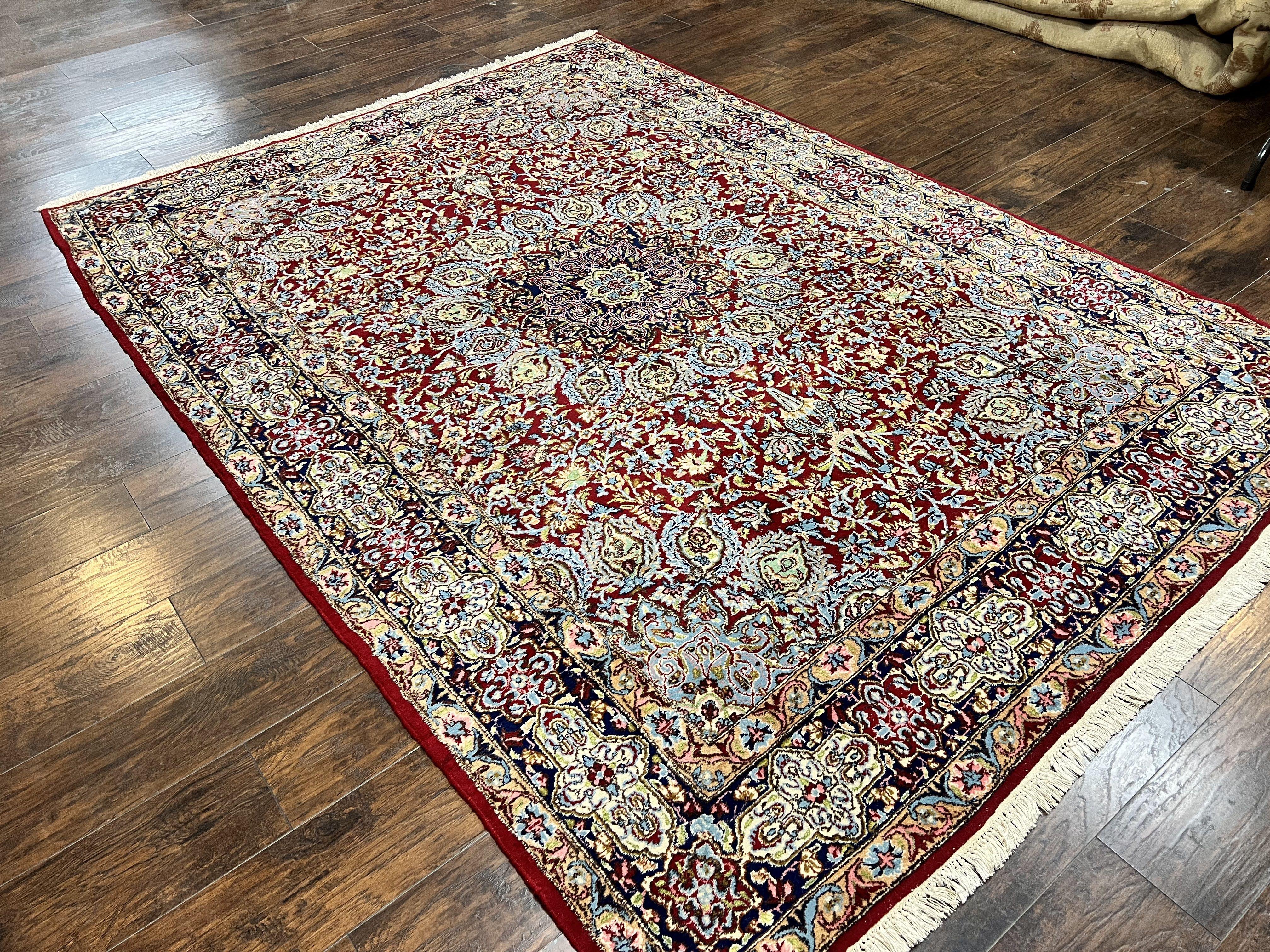 Persian Rug 7x10, Kirman Oriental Carpet 7 x 10 ft, Hand Knotted Wool Floral Medallion Semi Antique Persian Rug, Dark Red Light Blue Vintage - Jewel Rugs