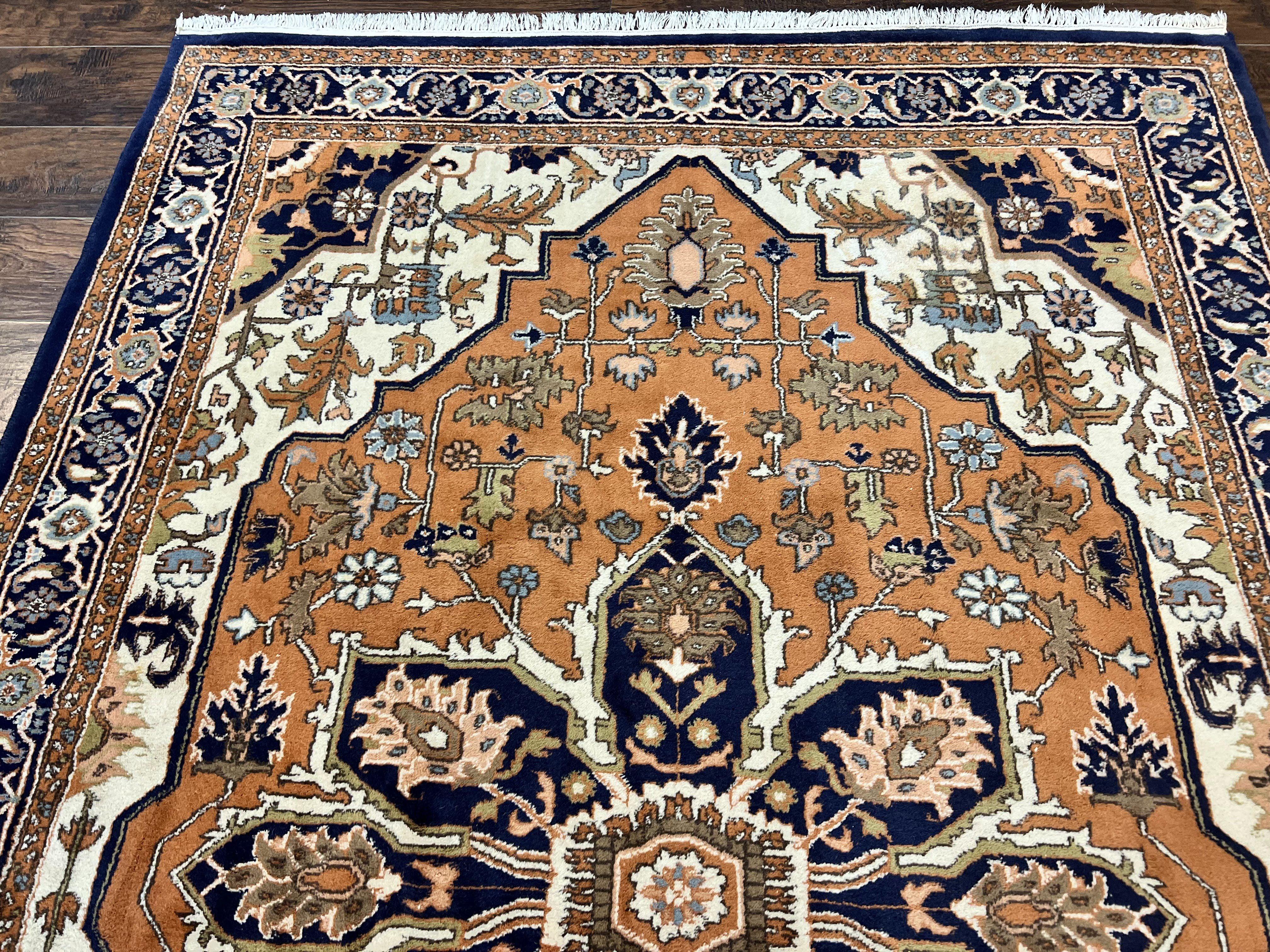 Indo Heriz Rug 6x8, Wool Hand Knotted Vintage Oriental Carpet, Orange-Red Ivory & Navy Blue, Medallion Rug, Handmade Indo Persian Rug - Jewel Rugs