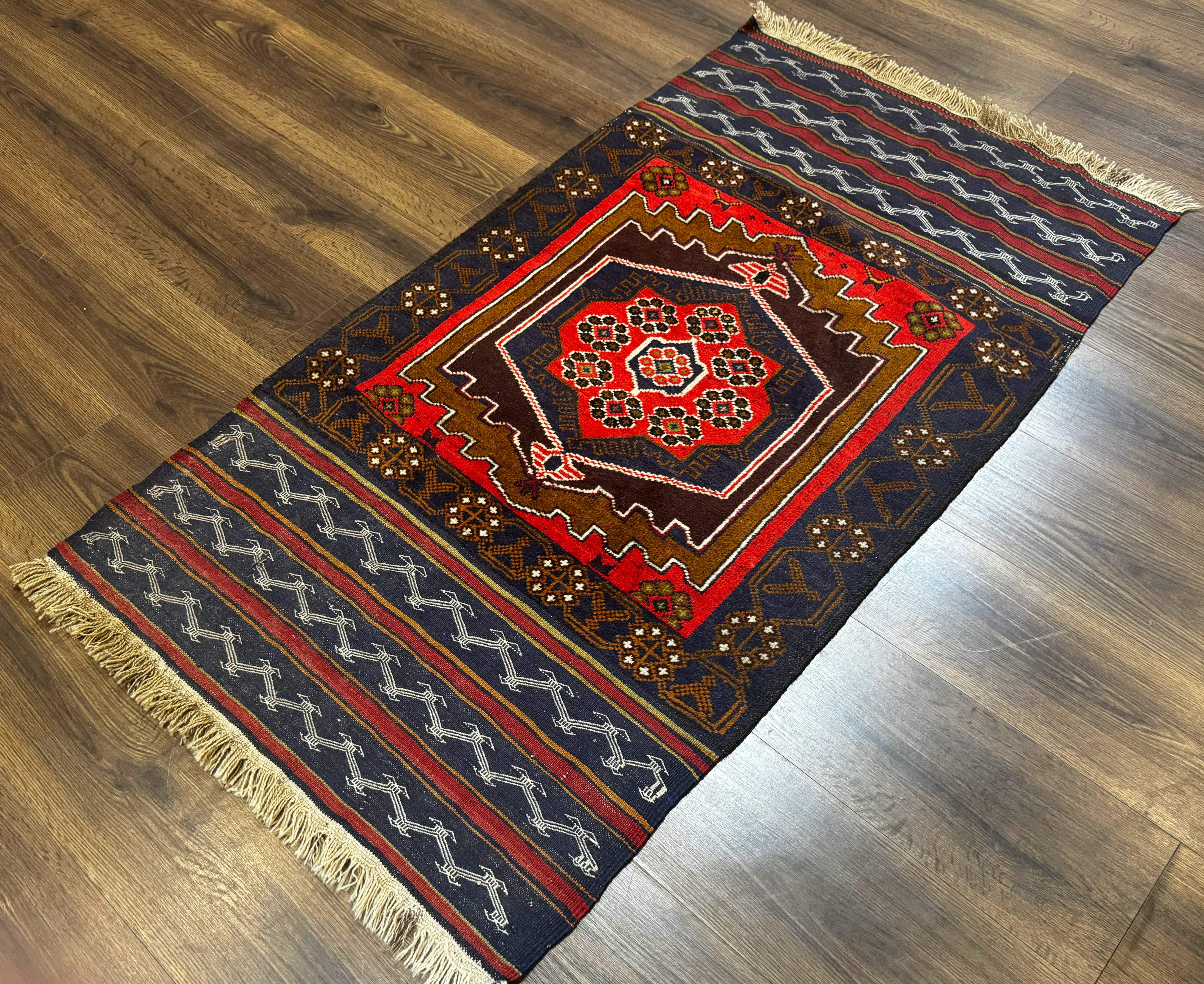 Afghan Rug 3x5, Tribal, Navy Blue, Wool, Handmade, Geometric, Rustic - Jewel Rugs