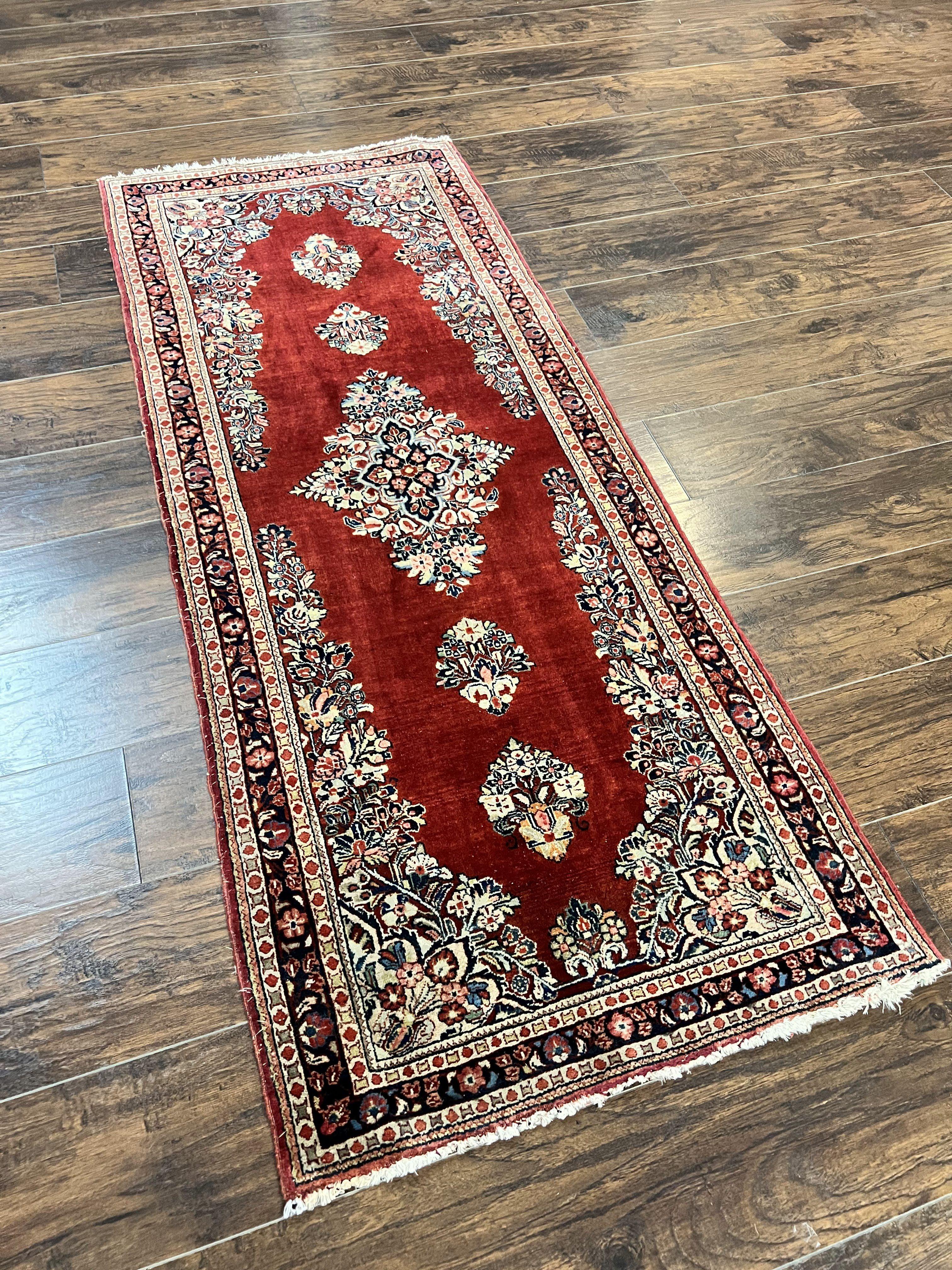 Persian Sarouk Runner Rug 2.7 x 6, Semi Open Field, Red, Handmade Hand Knotted, Wool Oriental Carpet, Vintage Semi Antique - Jewel Rugs