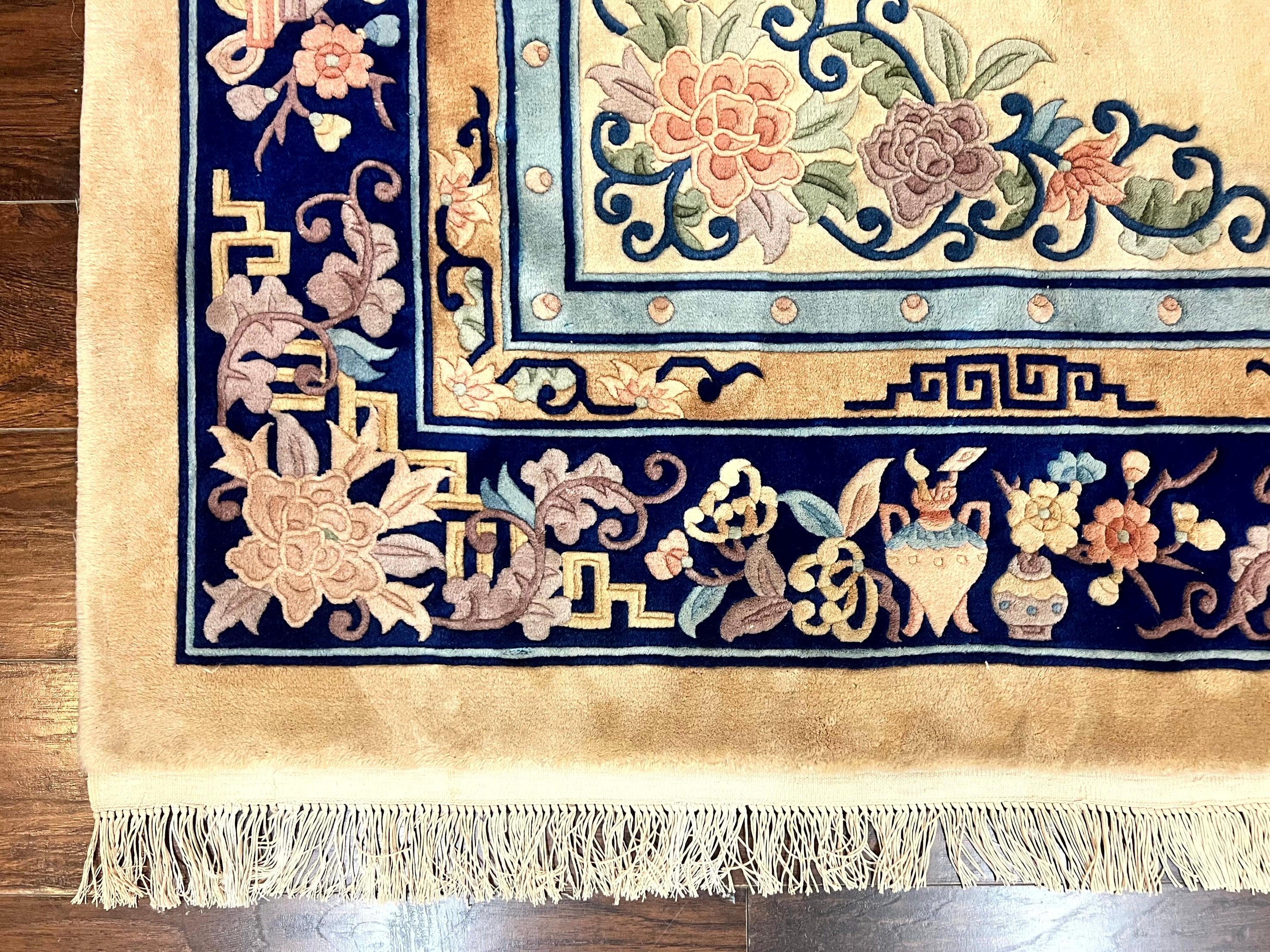 Chinese Wool Rug 8x11, Peking Asian Oriental Carpet, Cream/Ivory and Blue, Vintage Handmade Rug, Art Deco Rug - Jewel Rugs