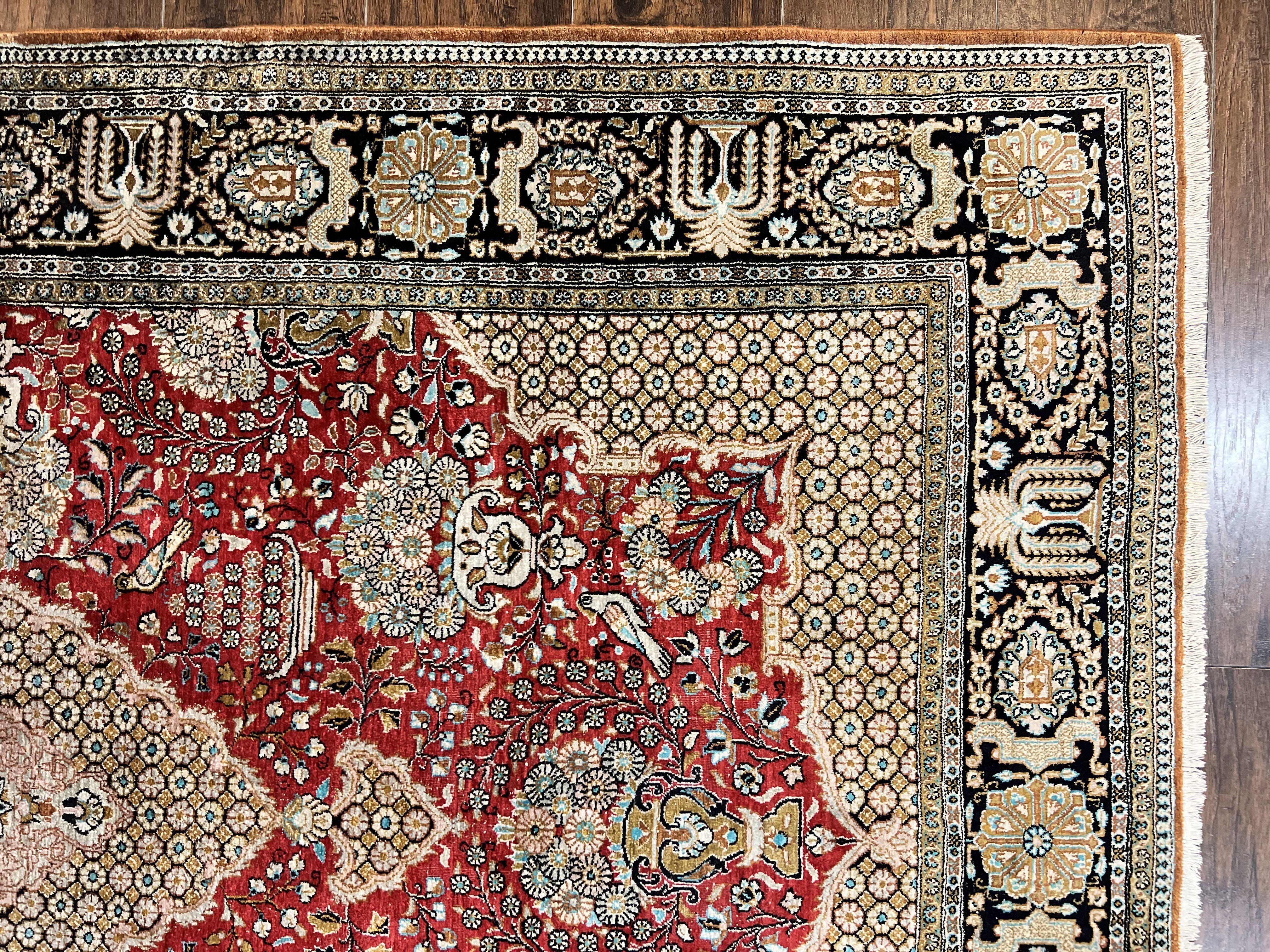 Wonderful Persian Silk Rug 5x7, Birds Floral Vases, Red, Hand Knotted Silk Fine Oriental Carpet, Handmade Vintage, Persian Qum Rug, 400 KPSI - Jewel Rugs