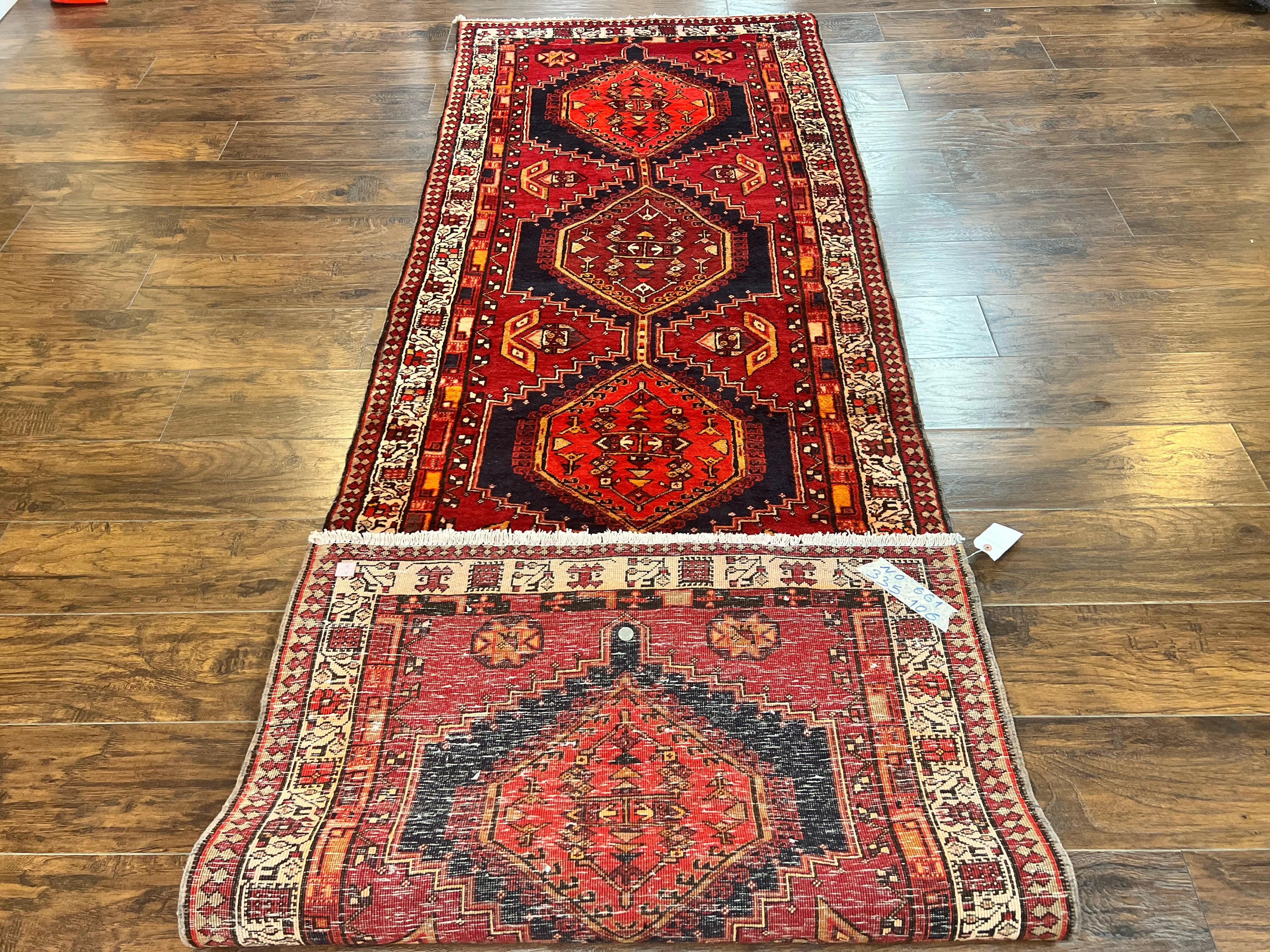 Persian Heriz Runner Rug 3.7 x 11, Persian Tribal Runner, Handmade Wool, Medallions, Geometric, Red, Antique Vintage Hand Knotted Rug - Jewel Rugs