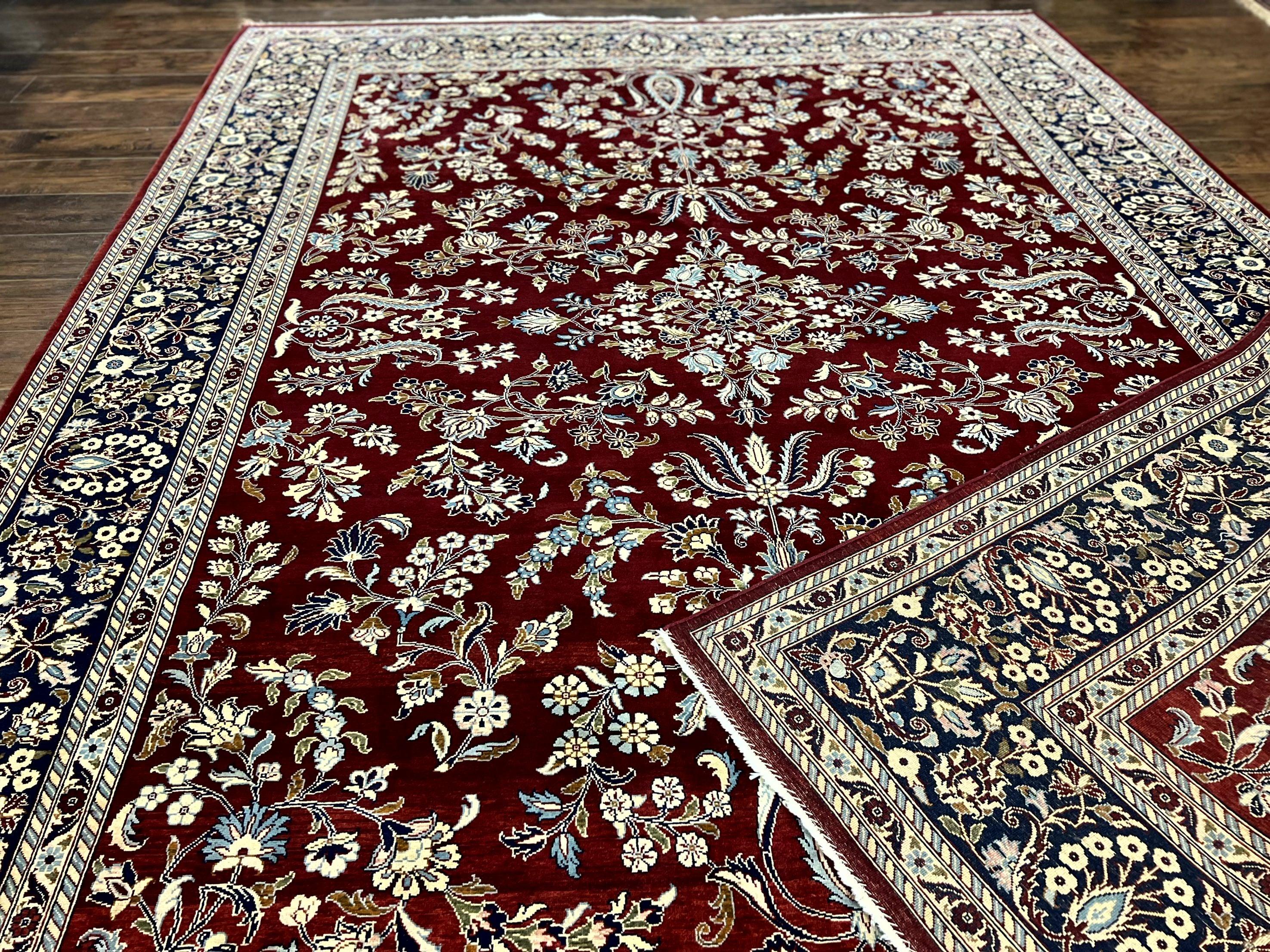 Indo Persian Sarouk Rug 9x12, Floral Allover, Dark Red & Navy Blue, Handmade Vintage Wool Carpet - Jewel Rugs