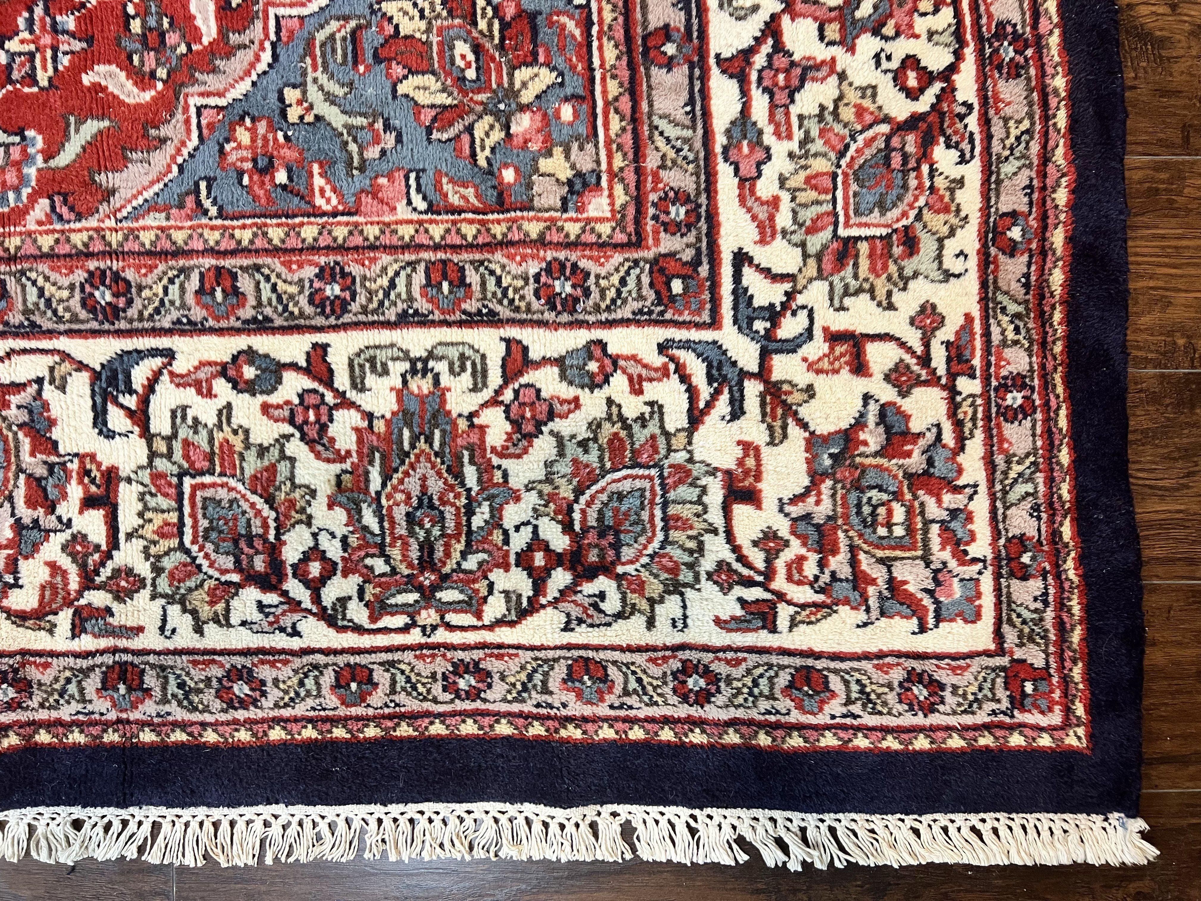 Indo Persian Rug 10x15, Floral Allover, Handmade Vintage Wool Carpet, Dark Blue Ivory Red, Palace Size Traditional Rug - Jewel Rugs