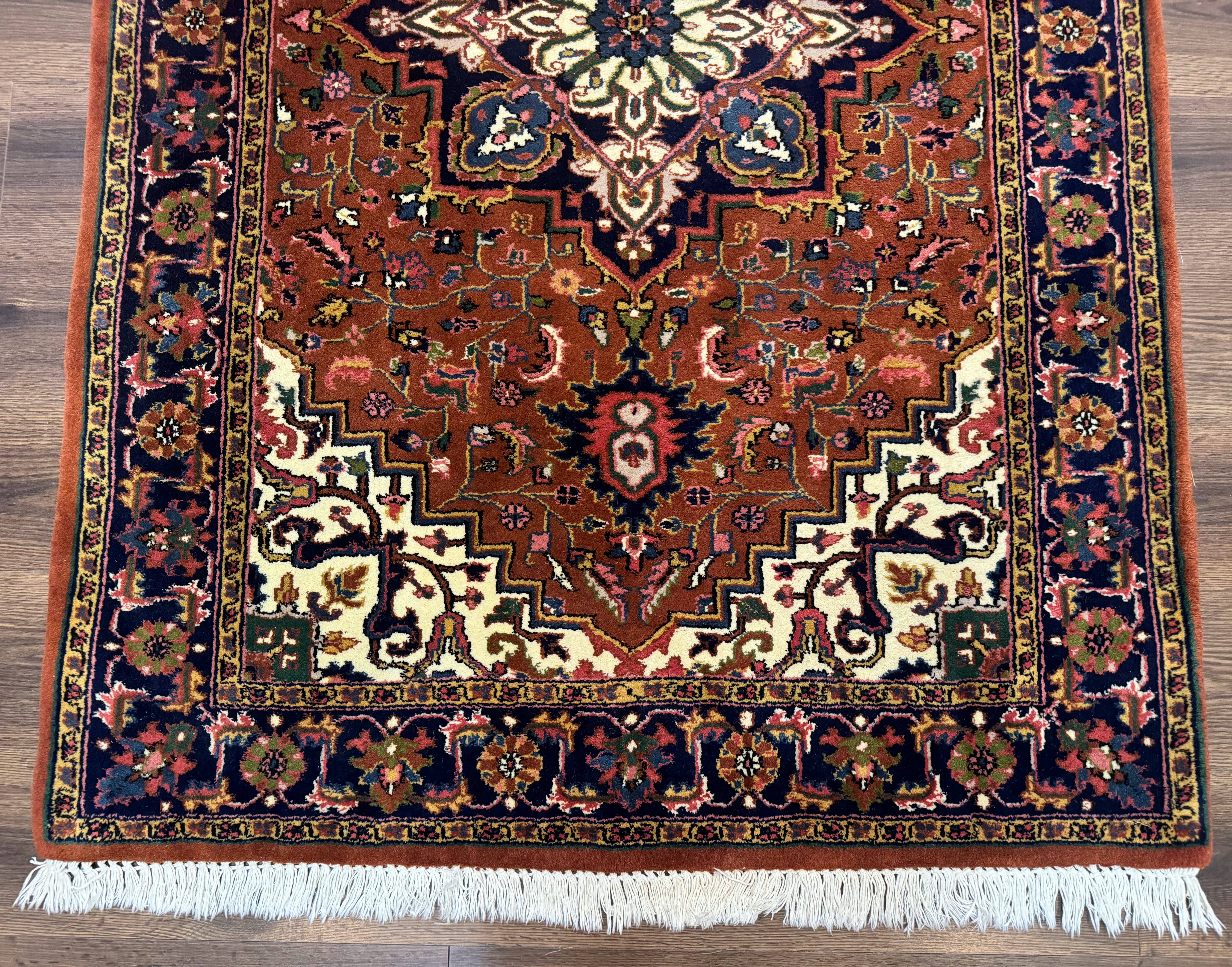 Indo Persian Heriz Rug 4x6, Rust Red Navy Blue and Cream - Jewel Rugs