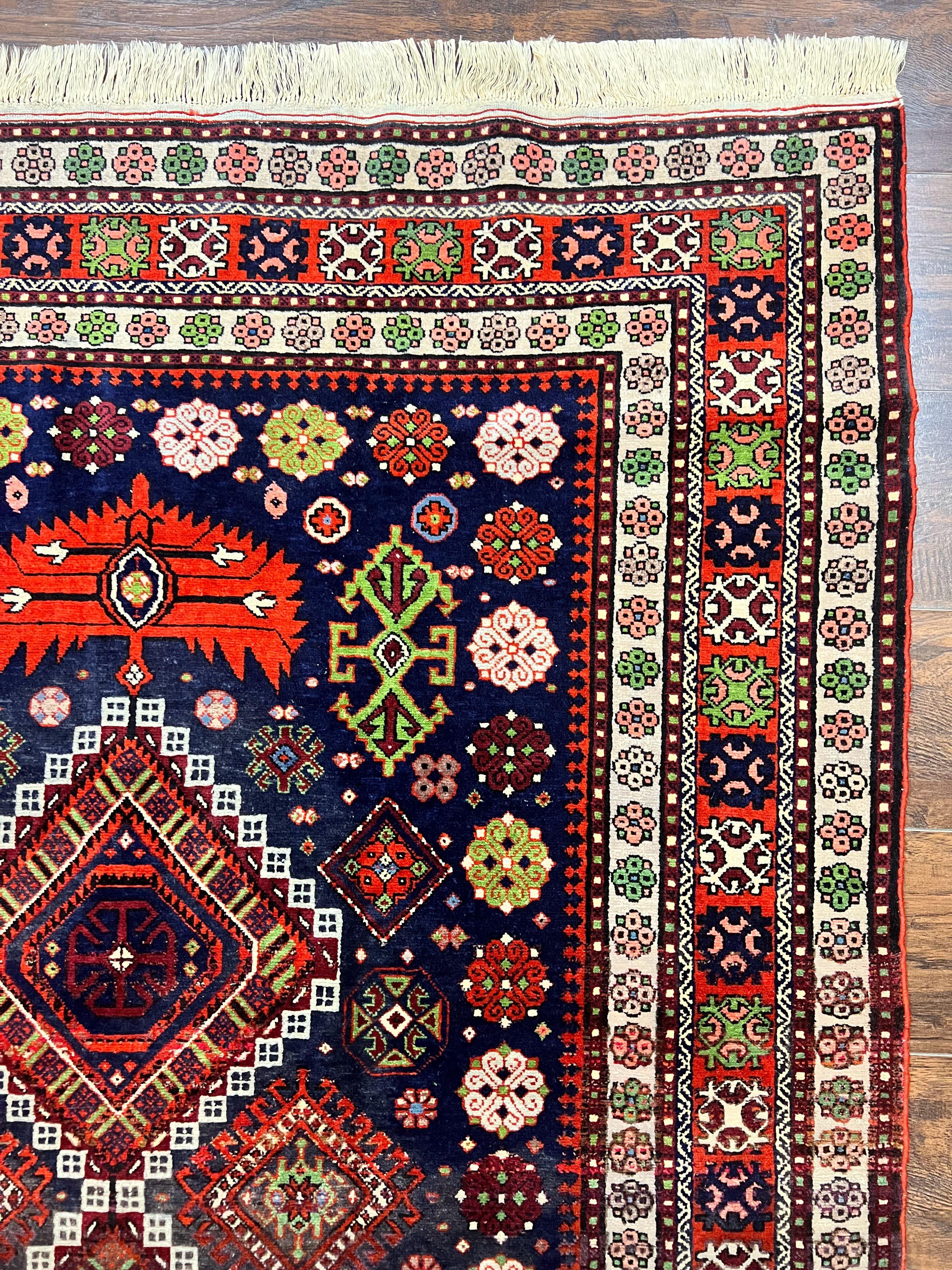 Persian Afshar Tribal Rug 5x6, Geometric Pattern, Navy Blue Multicolor Antique Vintage Persian Carpet, Hand Knotted Handmade Wool Rug - Jewel Rugs