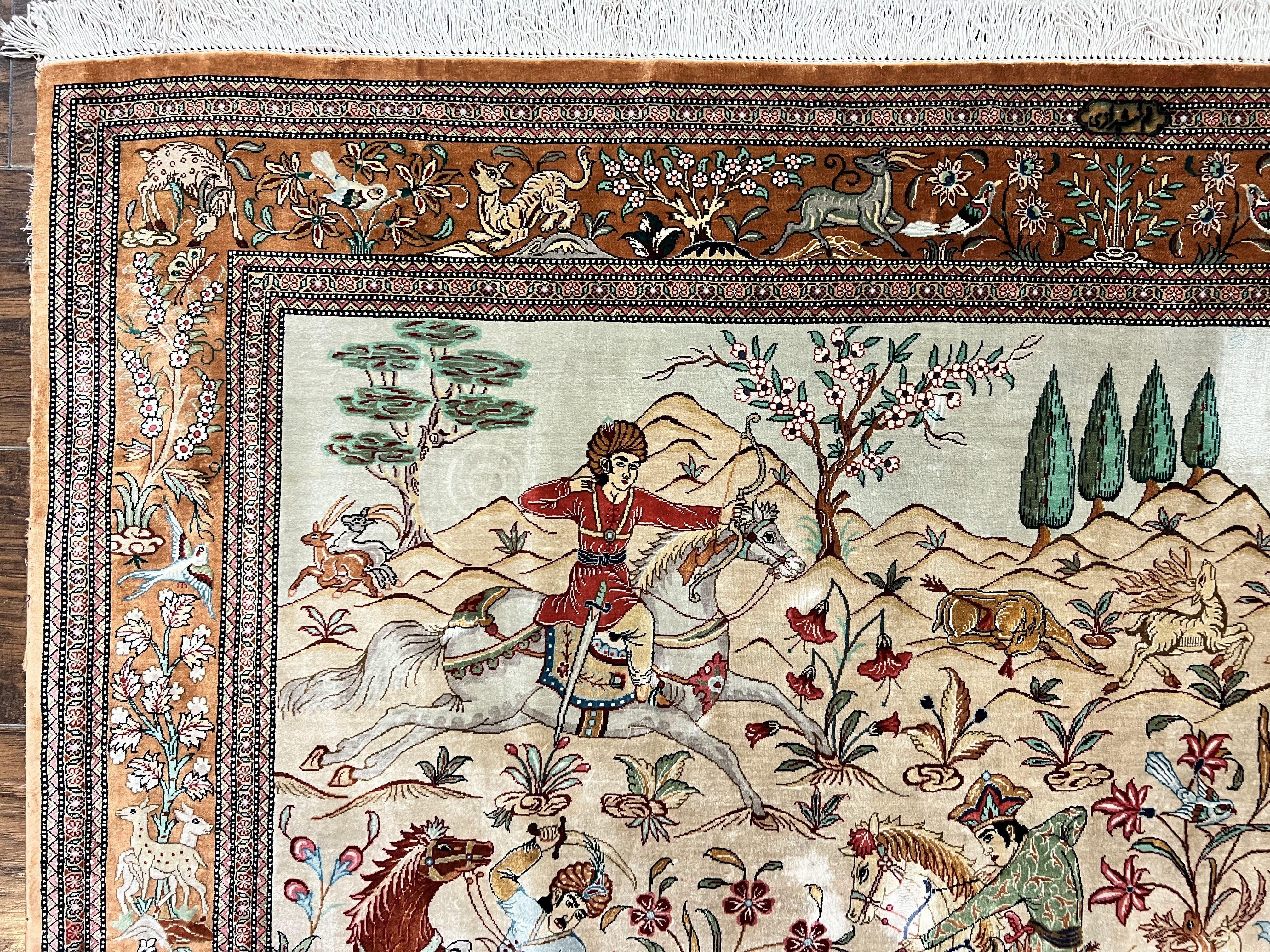 Silk Persian Qum Rug 3x5, Hunting Pattern, Handmade Vintage Carpet, Signed by Master Weaver, Horsemen Pictorials, Super Fine 650 KPSI - Jewel Rugs