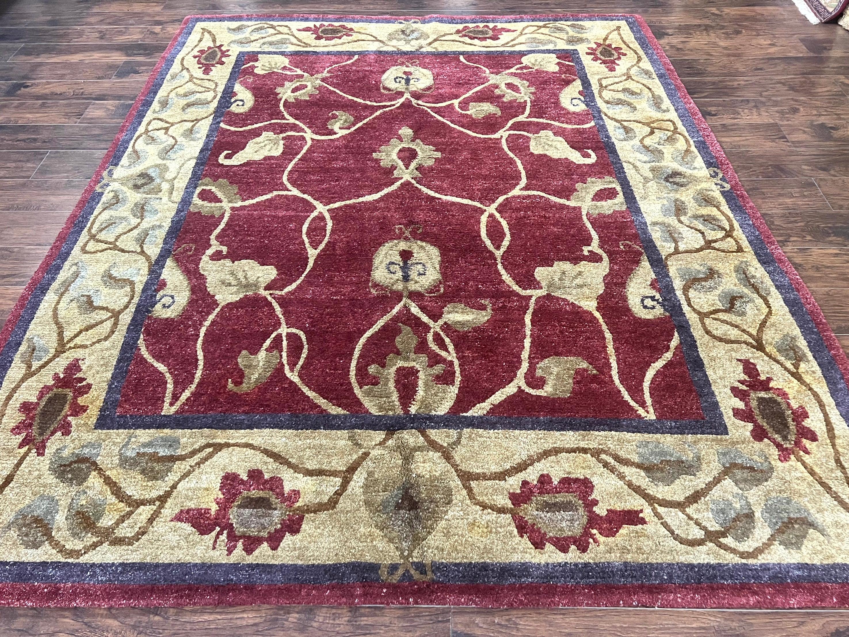 Tibetan Aubusson Rug 8x10, Maroon and Beige, Floral, Handmade, Wool, Vintage, Traditional Rug - Jewel Rugs