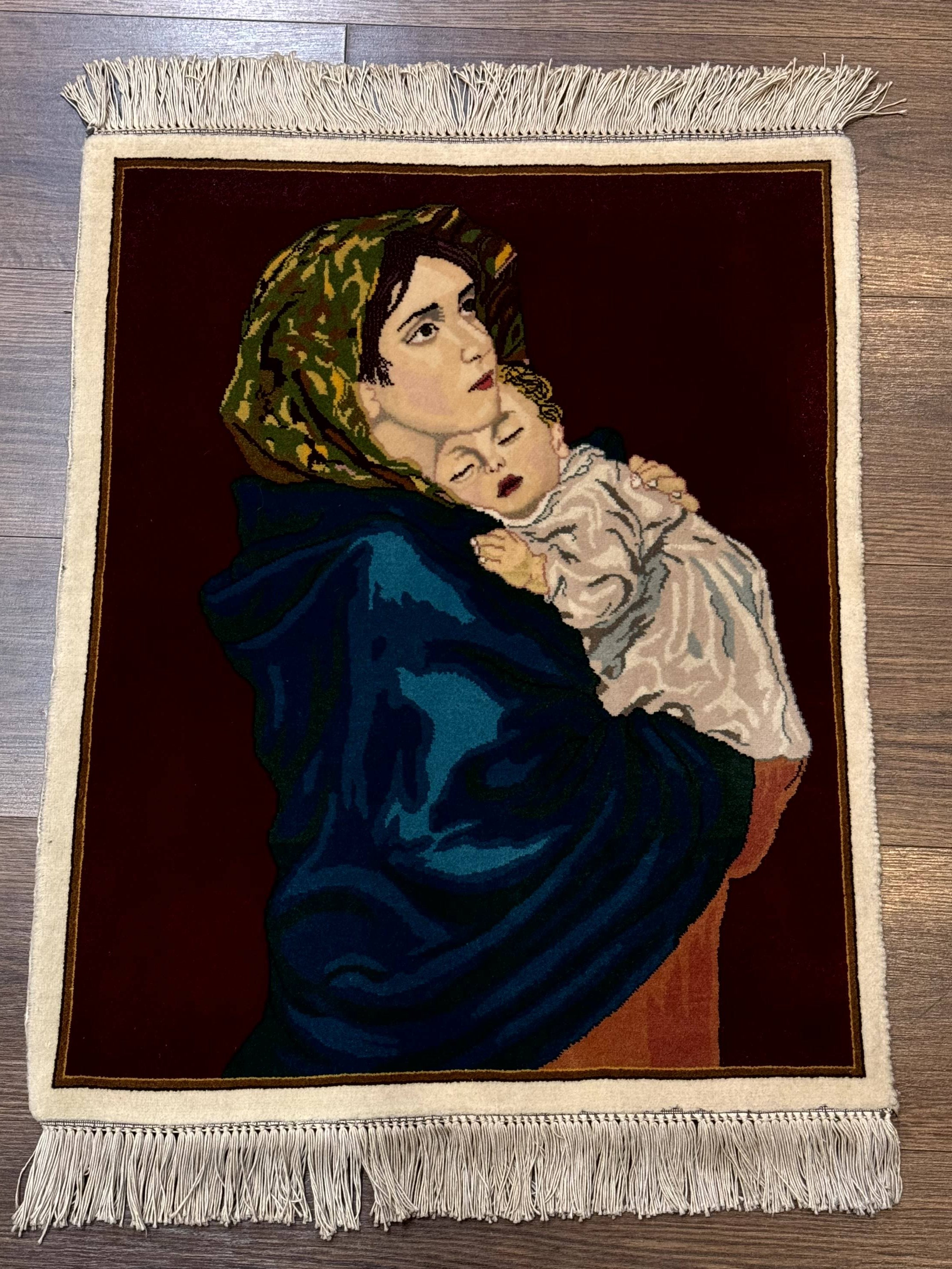 Small Persian Tabriz Pictorial Rug 2x2, Mother Holding Child, Very Fine 340 KPSI, Maroon - Jewel Rugs