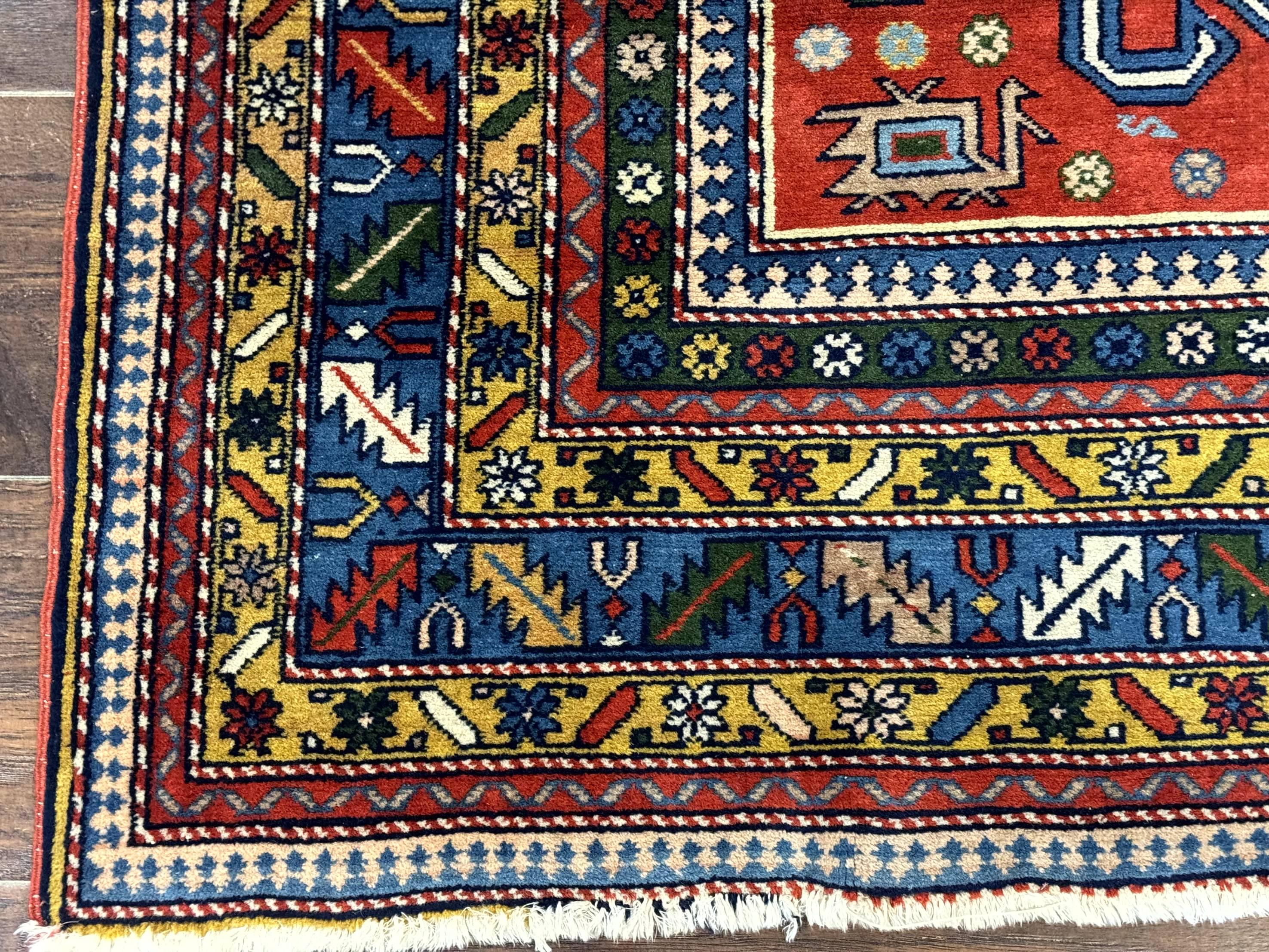 Colorful Persian Ardabil Rug 4x7, Red Blue Gold, Geometric Caucasian Design, Vintage - Jewel Rugs