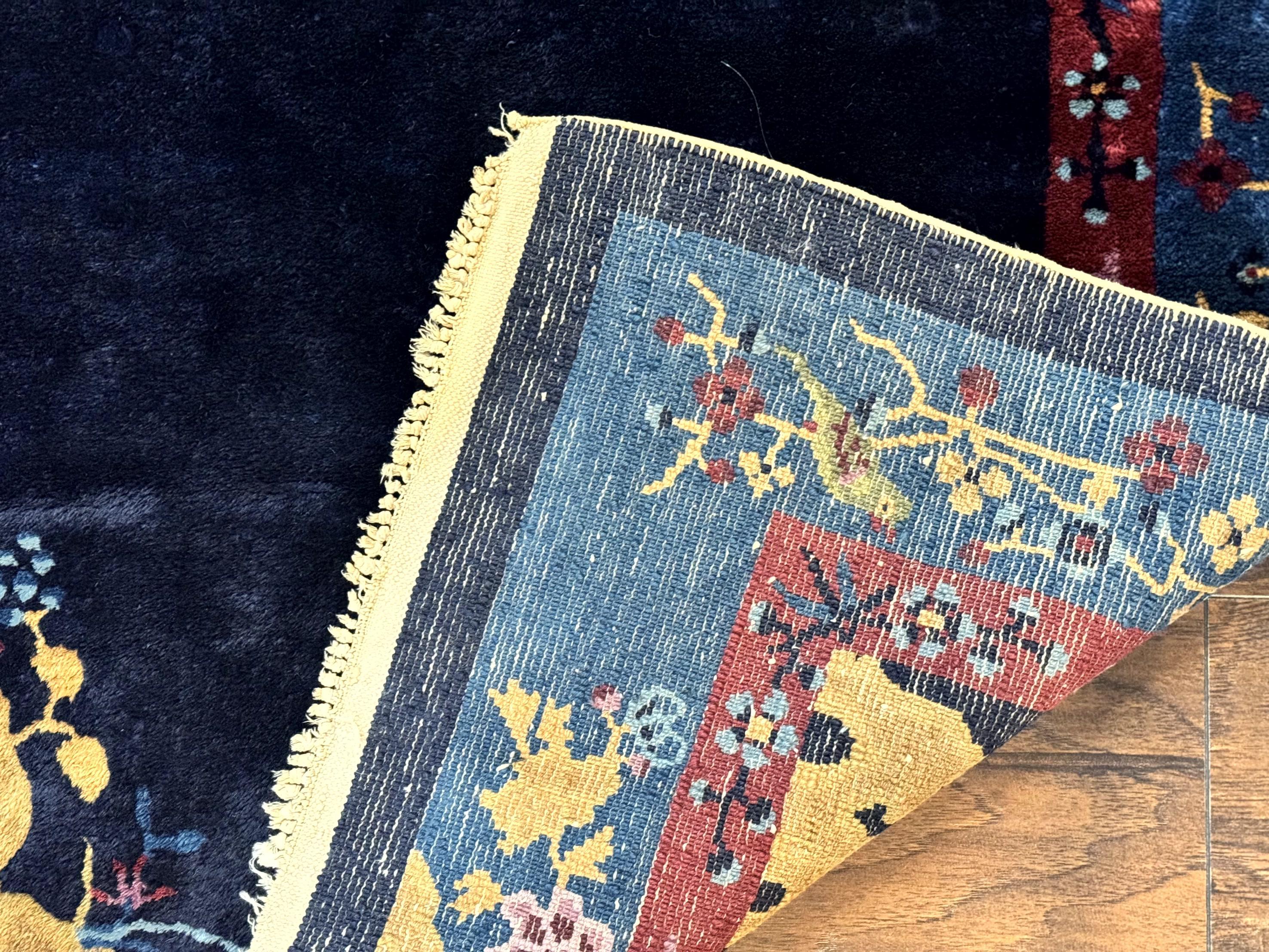 Antique Chinese Peking Rug 3x6, Dark Blue, Bird Motif, Handmade Wool Art Deco Asian Oriental Carpet, Pair B - Jewel Rugs