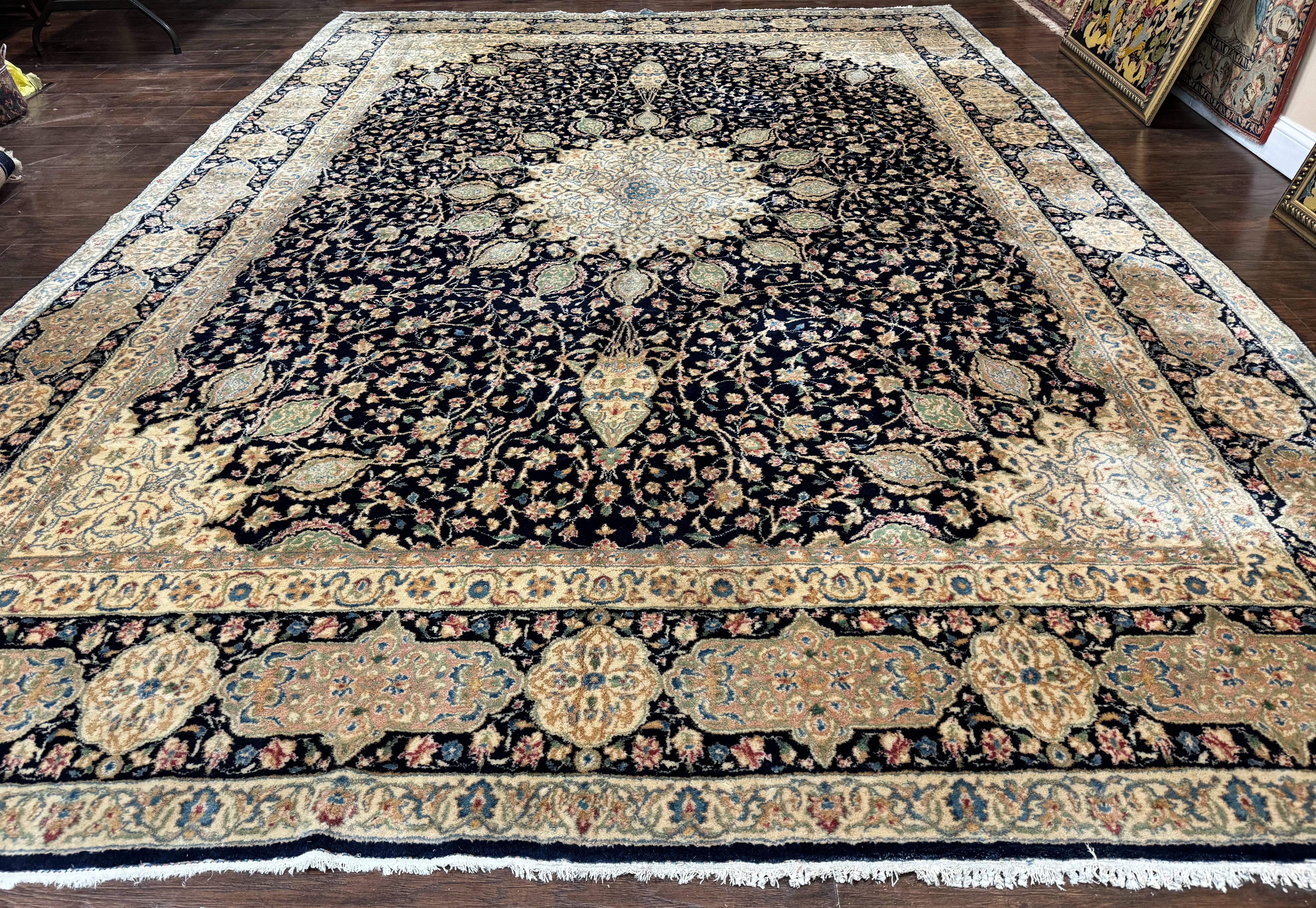 Large Persian Kerman Rug 10x14, Navy Blue and Beige, Floral Medallion, Traditional Elegant Persian Carpet, Signed by Masterweaver - Jewel Rugs