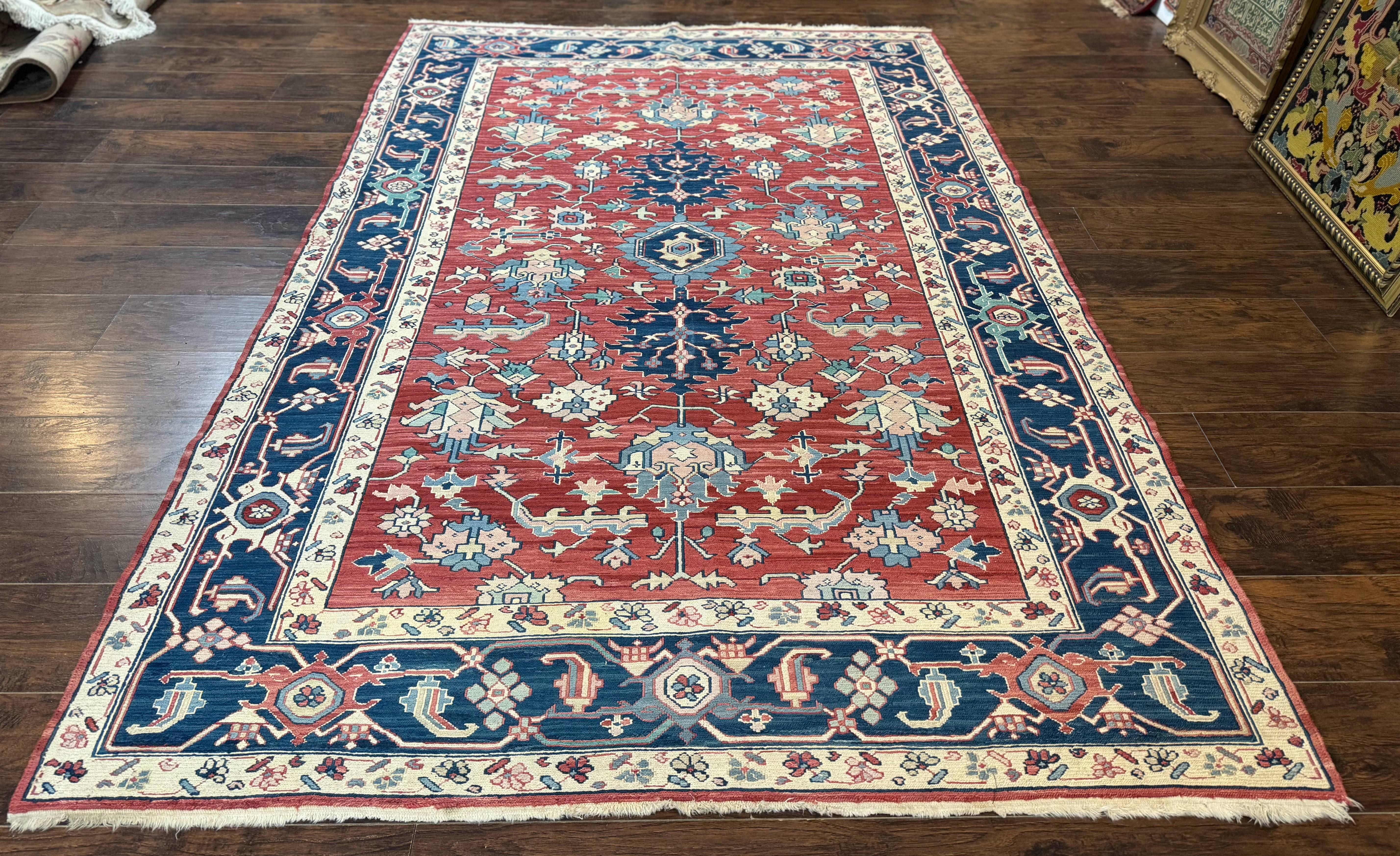 Turkish Flatweave Rug 6x9, Heriz Design, Red and Blue - Jewel Rugs
