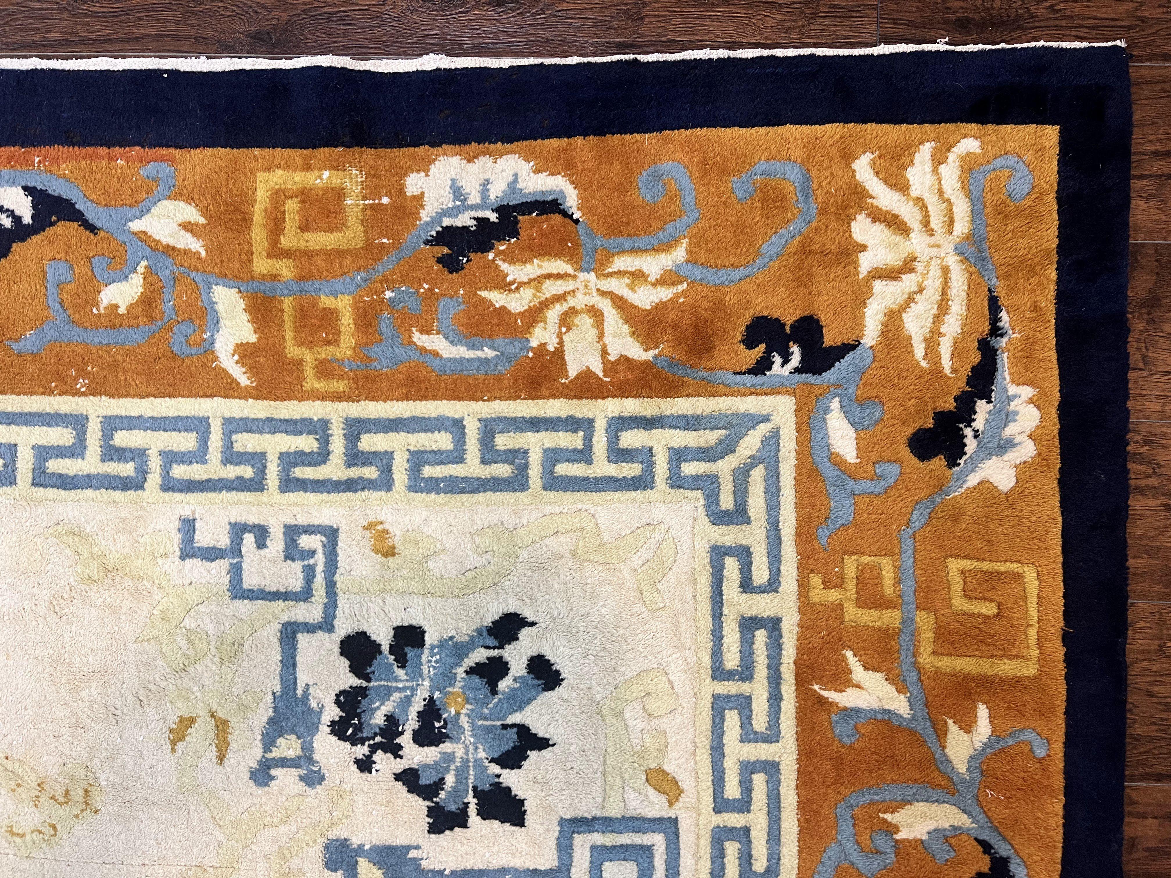 Indo Chinese Rug 9x12, Asian Oriental Carpet 9 x 12, Cream & Burnt Orange, Handmade Wool Vintage Art Deco Rug - Jewel Rugs