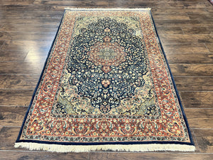 Pak Persian Rug 5x7, Navy Blue and Salmon, Hand Knotted Wool Oriental Carpet 5 x 7 ft, Floral Medallion, Traditional Vintage Pakistani Rug