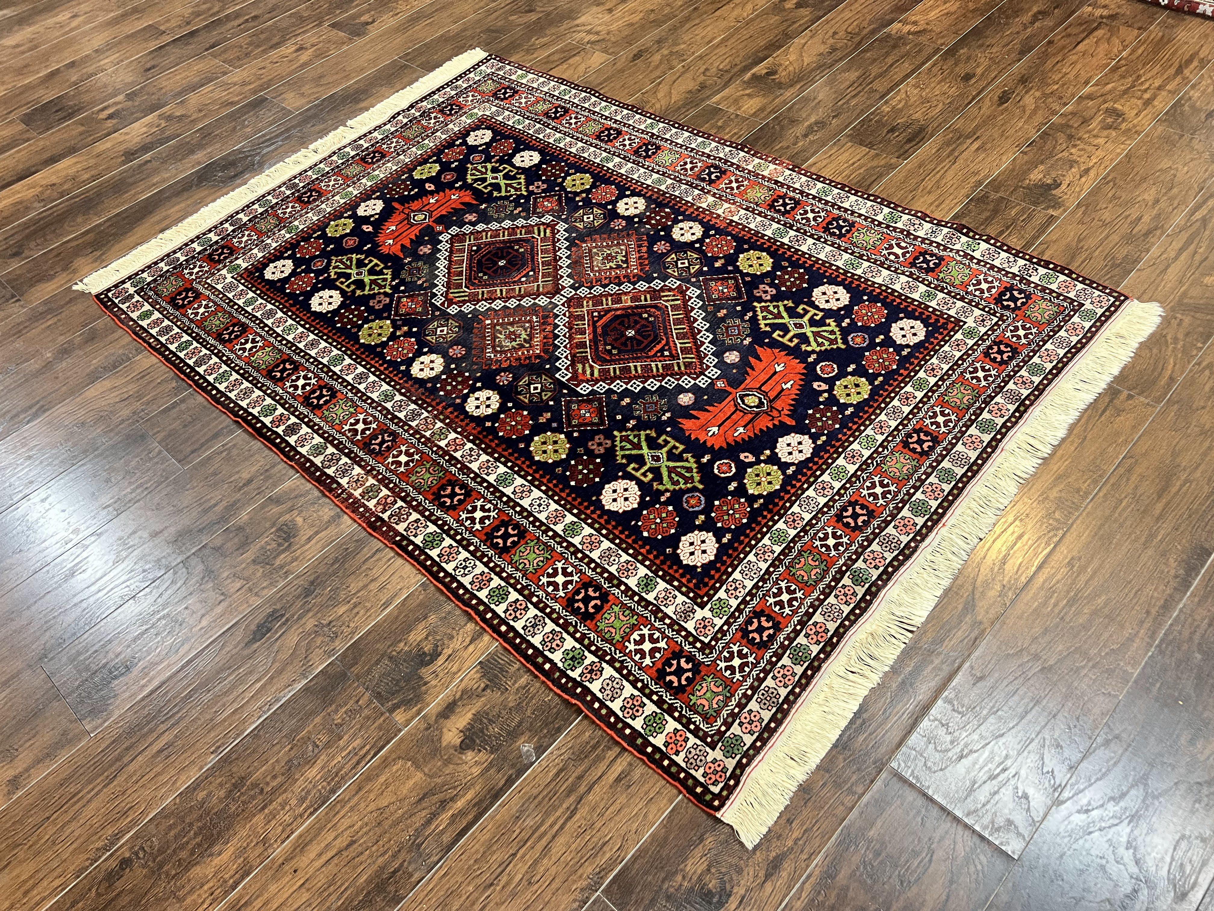 Persian Afshar Tribal Rug 5x6, Geometric Pattern, Navy Blue Multicolor Antique Vintage Persian Carpet, Hand Knotted Handmade Wool Rug - Jewel Rugs