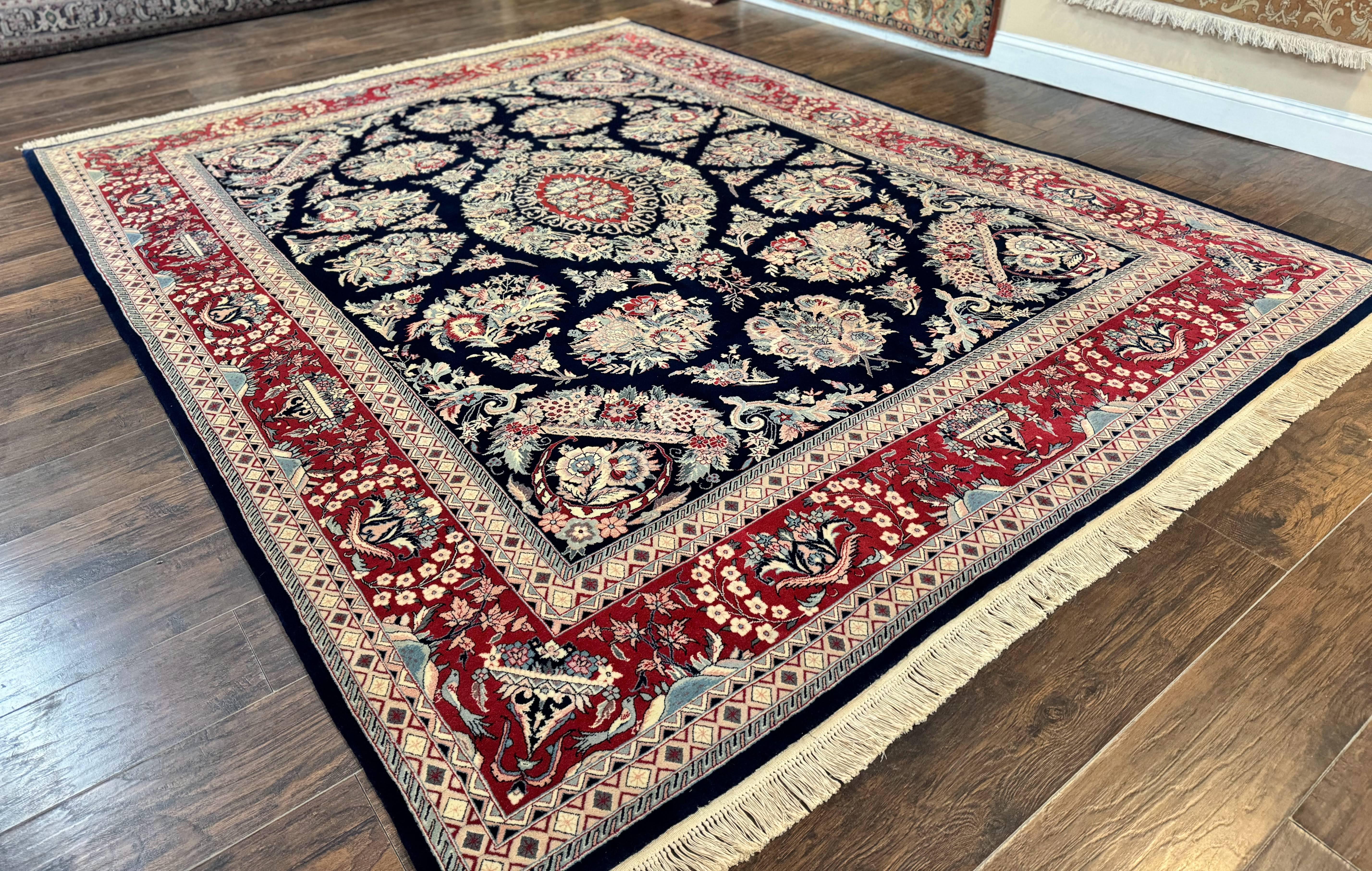 Sino Persian Rug 8x10, Floral Kirman Carpet, Navy Blue and Red, Floral Vases, Handmade Vintage Wool Carpet, 320 KPSI - Jewel Rugs