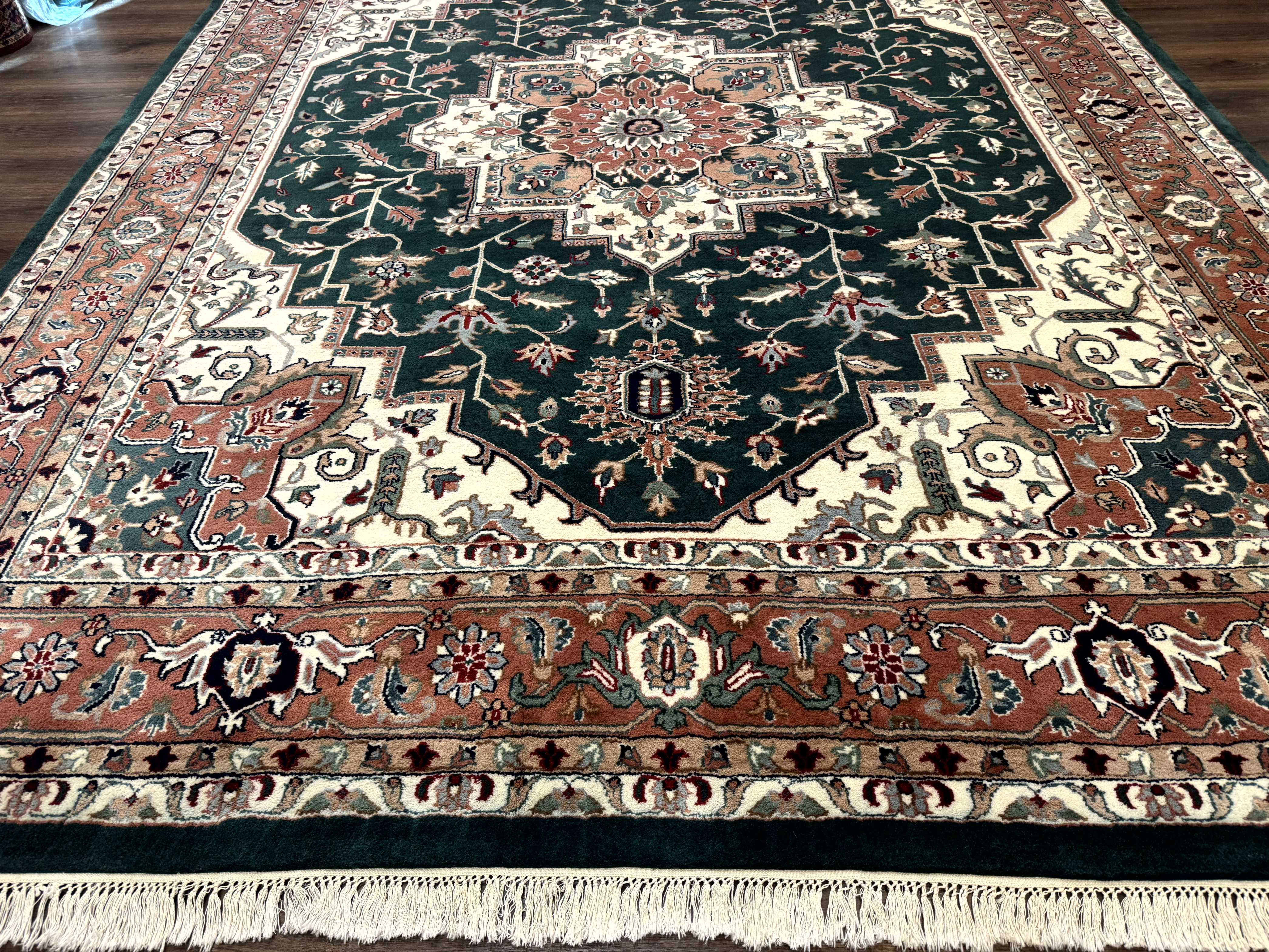 Indo Persian Heriz Rug 9x12, Dark Green & Ivory, Wool Hand Knotted Carpet - Jewel Rugs
