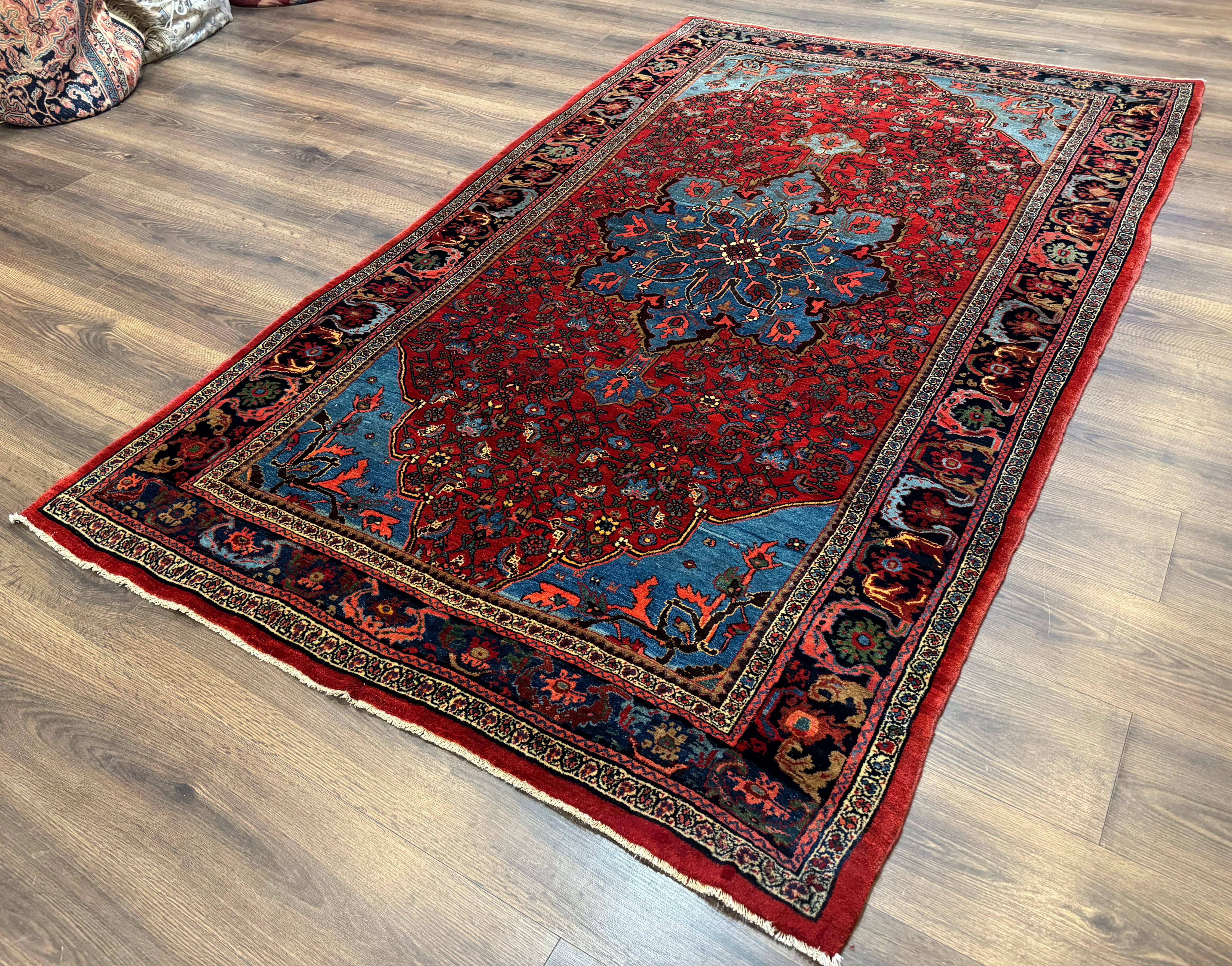 Antique Persian Bijar Rug 5x8, Red and Navy Blue, Medallion and Corner Design - Jewel Rugs