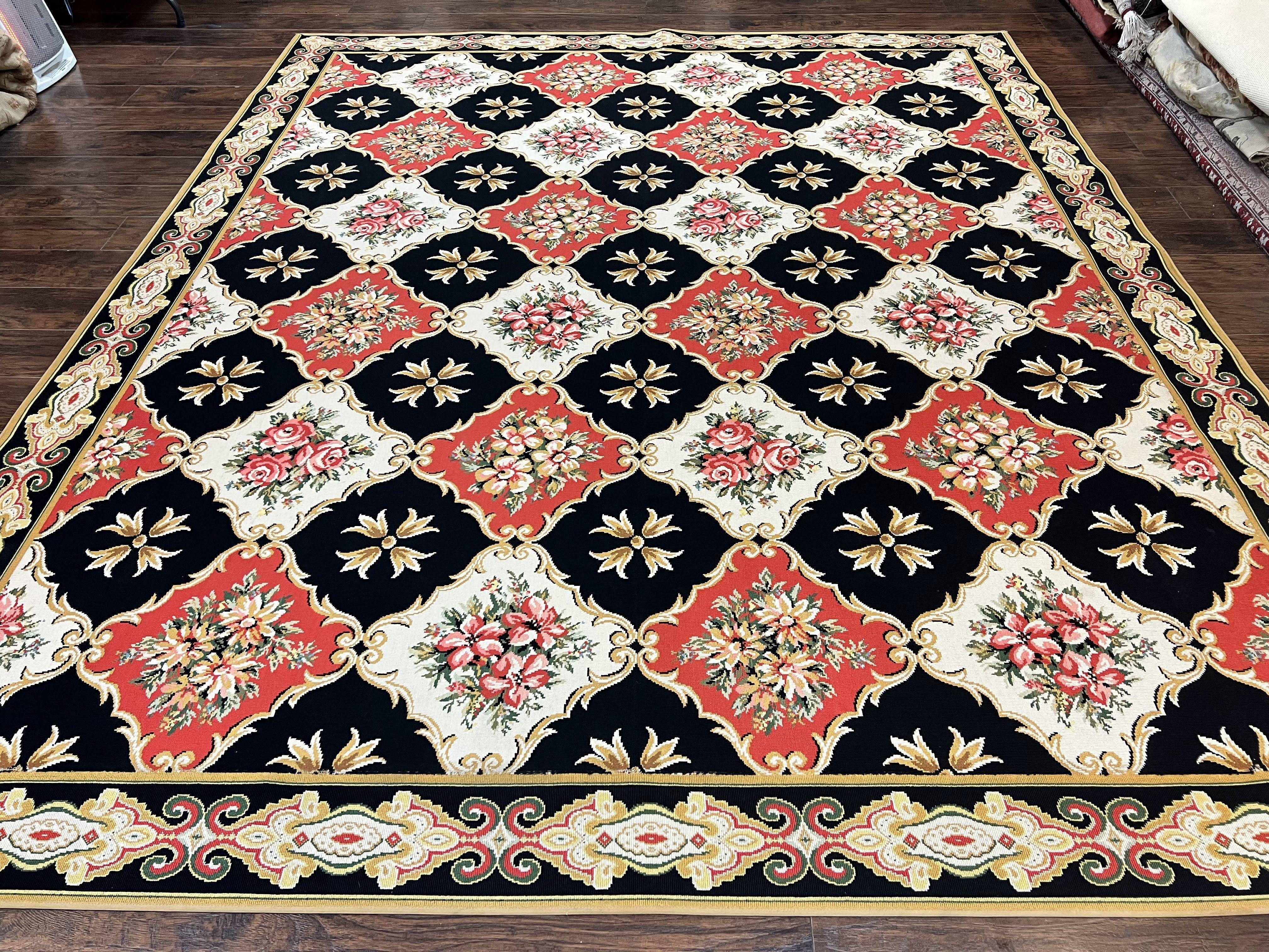 Large Stark Area Rug 9.6 x 11.7, Custom Vintage Stark Carpet, Red Black Ivory, European Design, Panels, Florals - Jewel Rugs