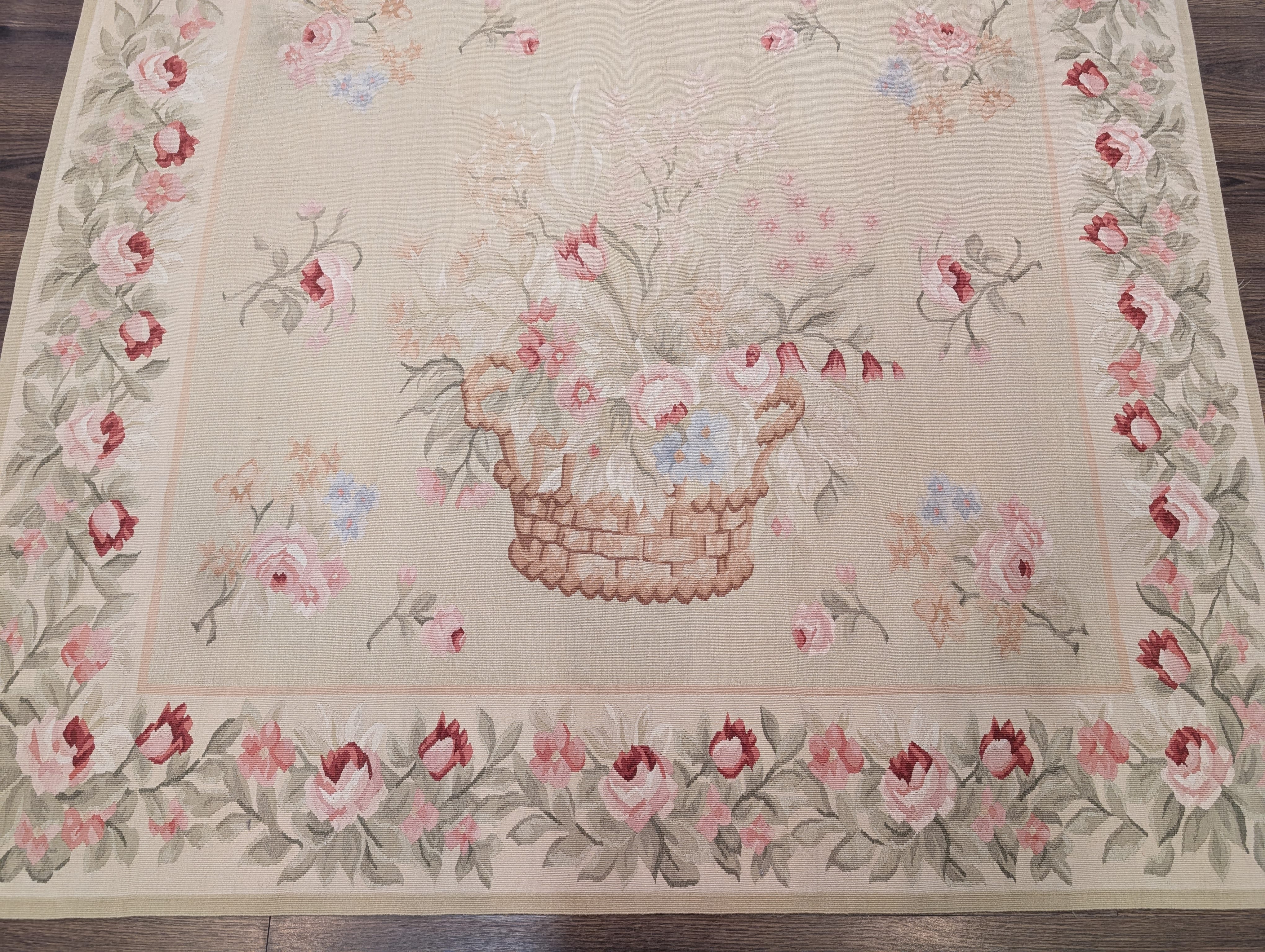 Square Aubusson Rug 4.8 x 5, French Vintage Floral European Wool Carpet - Jewel Rugs