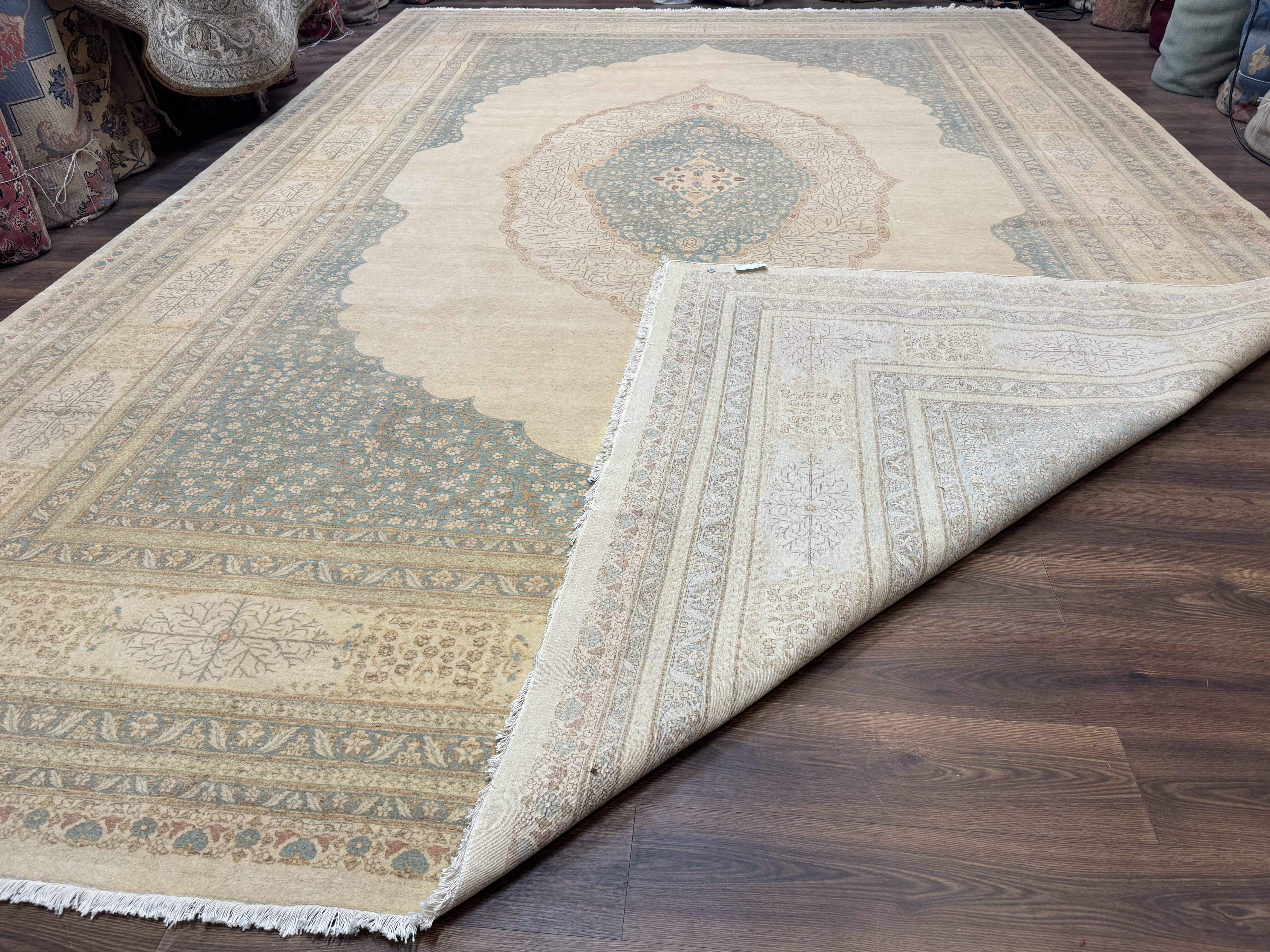 Palace Size Pak Persian Rug 12x18, Haji Jalili Design, Pakistani Carpet, Oat and Light Blue, Fine 260 KPSI - Jewel Rugs