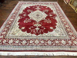 Pak Persian Rug 9x12, Handmade Vintage Traditional Wool Carpet, Floral Medallion, Dark Red Ivory/Cream, Fine 250 KPSI